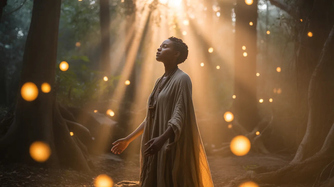 Black woman in flowing robes standing in a mystical forest with golden ancestral light