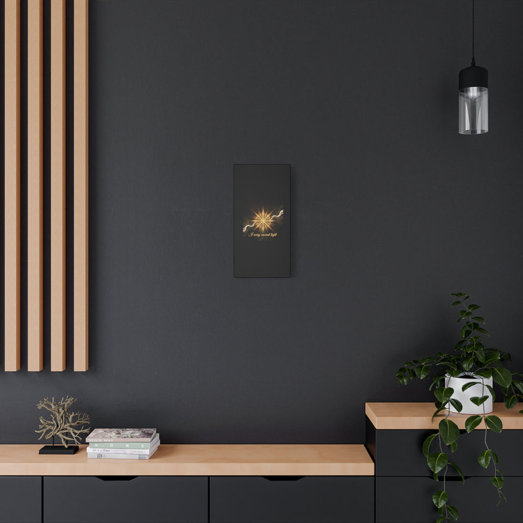 Matte canvas wall art featuring a golden compass and the phrase "I Carry Ancient Light" by Printify.
