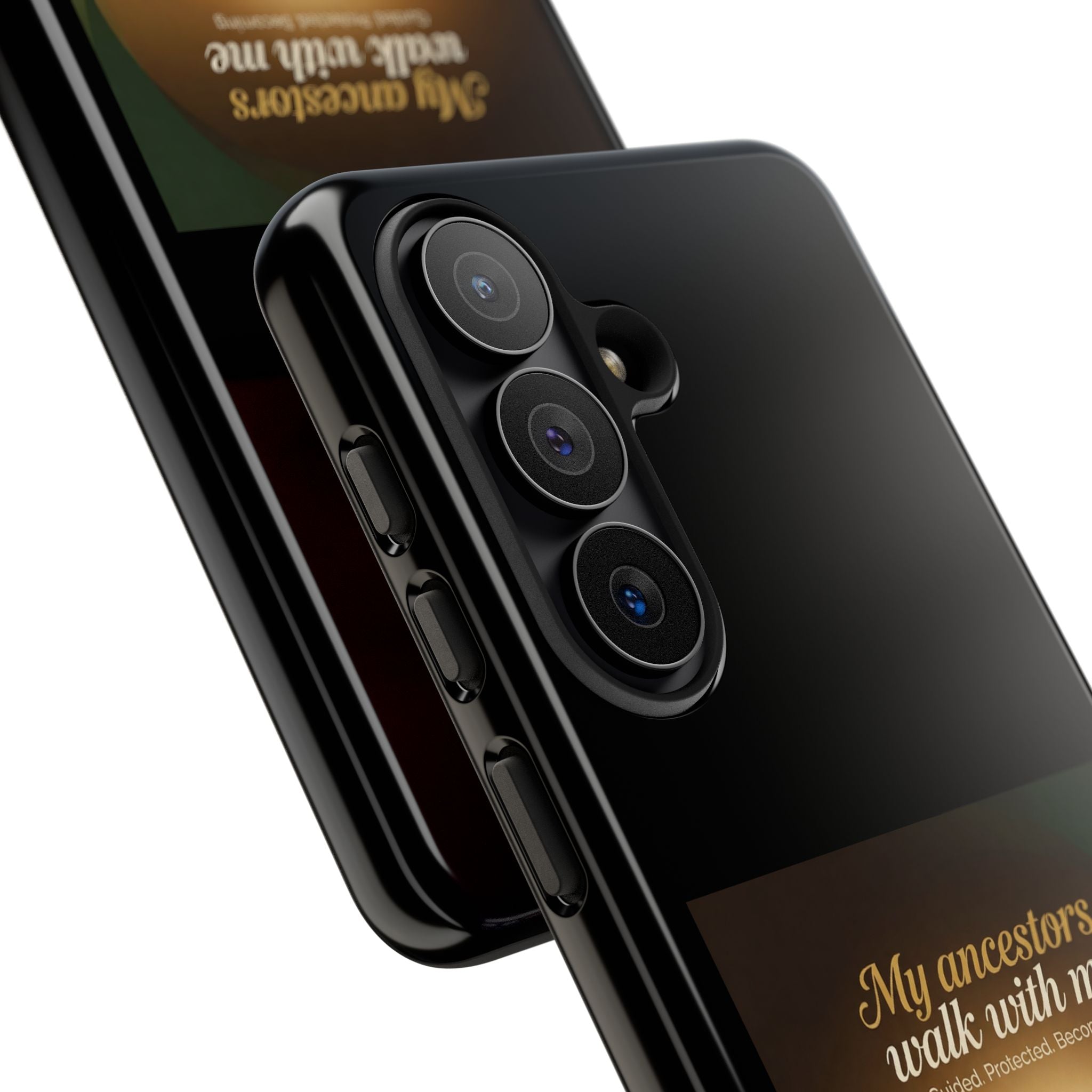 Black phone case with inspirational message and heritage design, protective cover for smartphones by Printify.