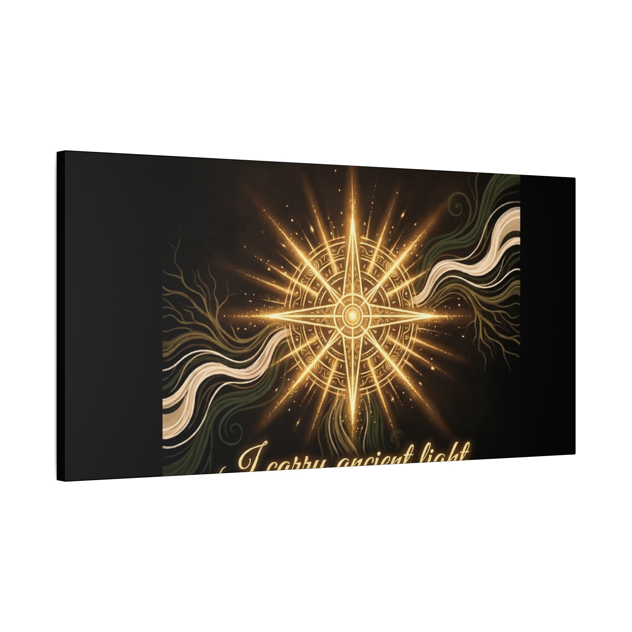 Matte canvas wall art titled "I Carry Ancient Light" featuring a golden compass design, by Printify.