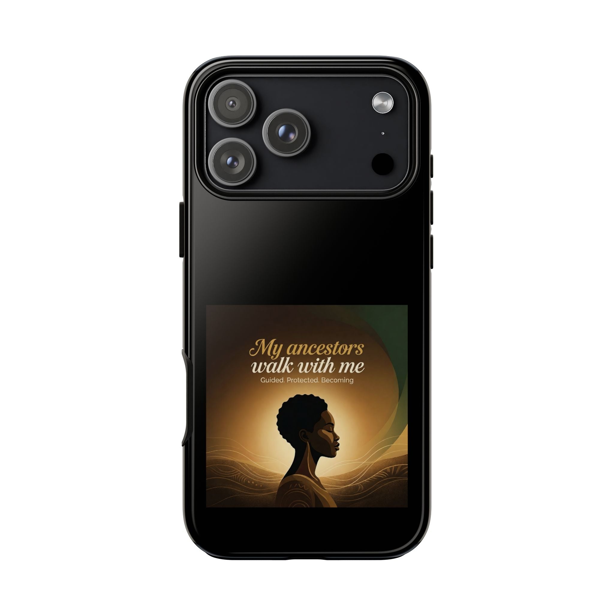 Black phone case with inspirational design honoring heritage, featuring text and symbols for protection and cultural pride.
