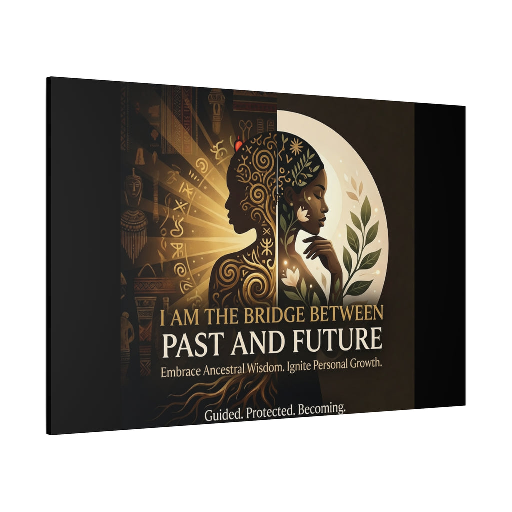 Canvas wall art titled "I Am the Bridge Between Past and Future" by Printify, featuring abstract imagery and vibrant colors.