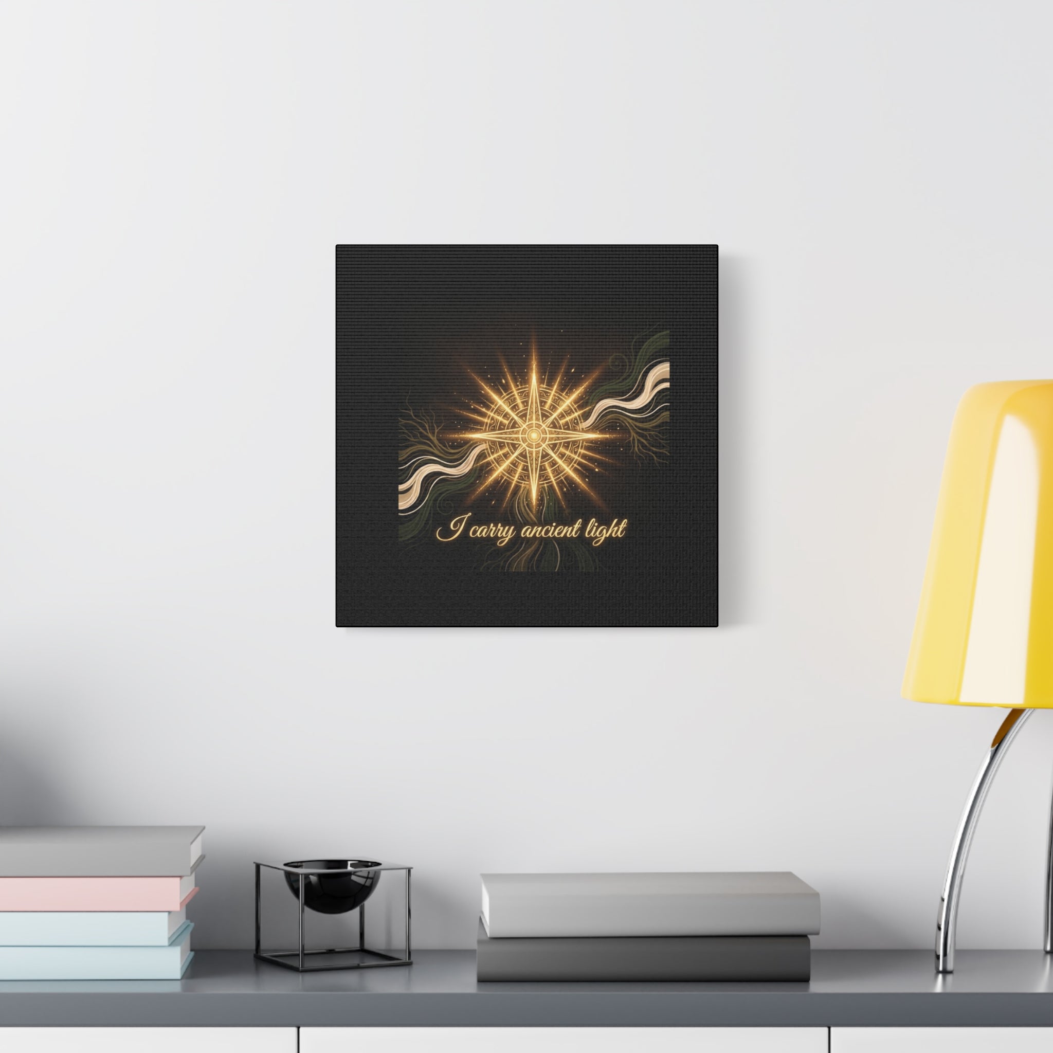 Matte canvas wall art titled "I Carry Ancient Light" featuring a golden compass design, by Printify, ideal for wall decor.