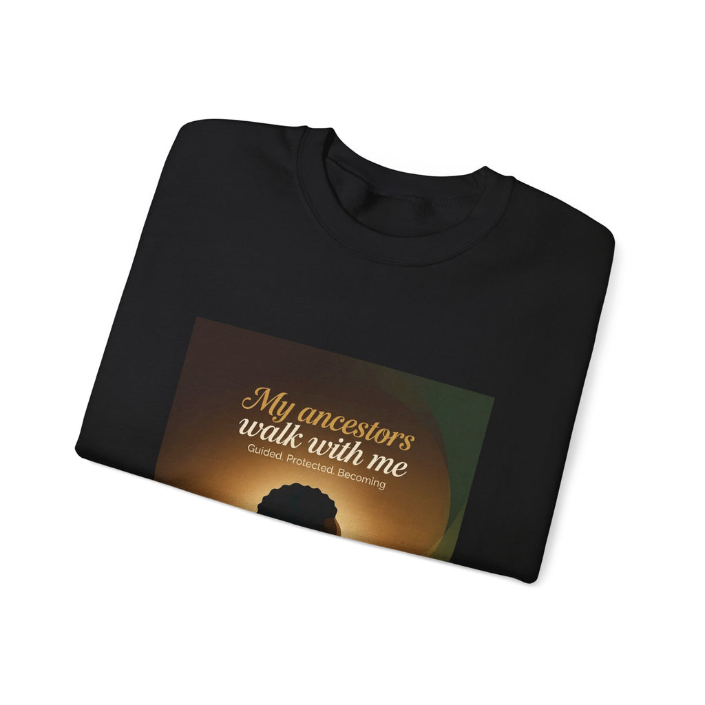 Gray Ancestral Pride crewneck sweatshirt with "My Ancestors Walk With Me" graphic, featuring a comfortable fit and printed design.