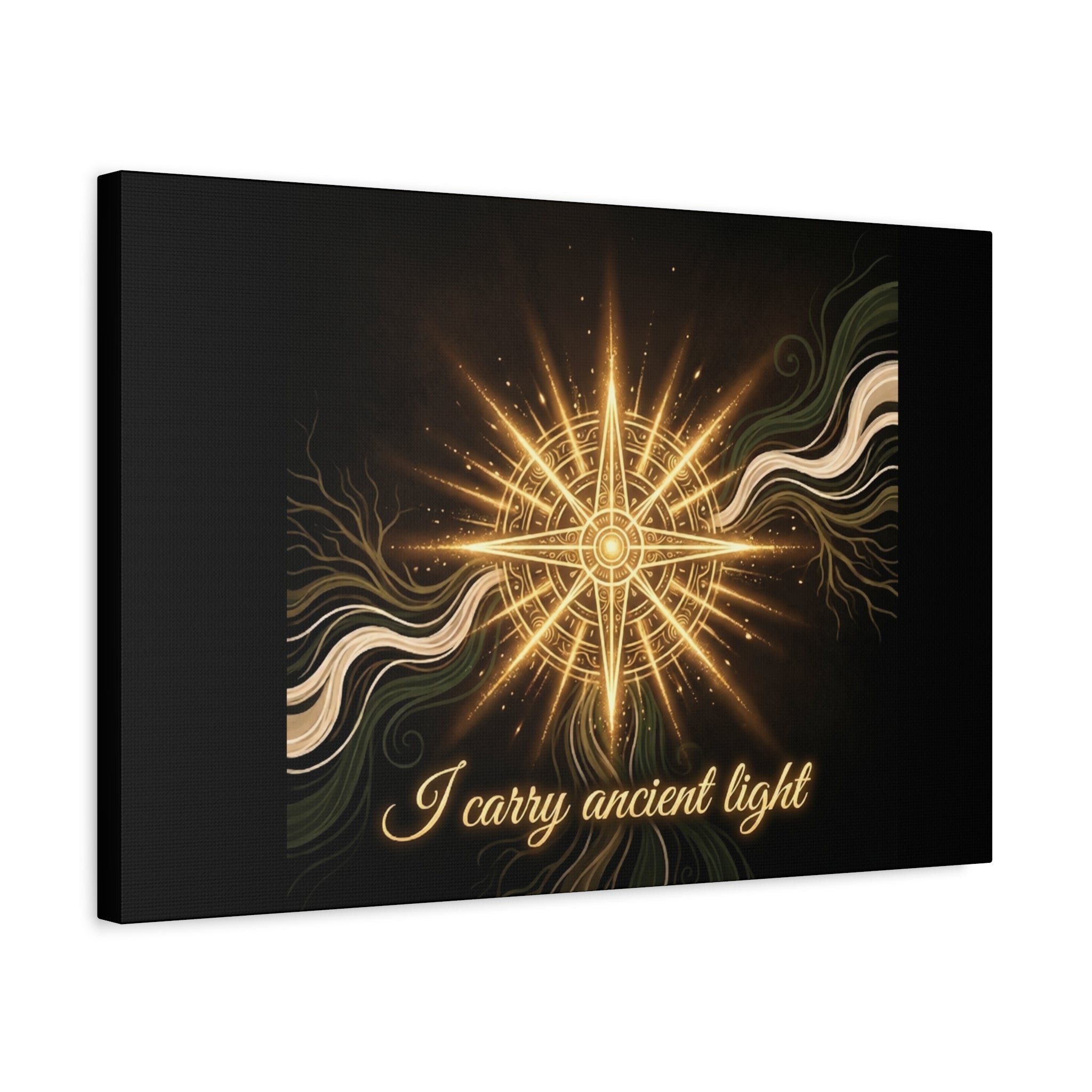 Matte canvas wall art featuring a golden compass design titled "I Carry Ancient Light" by Printify.