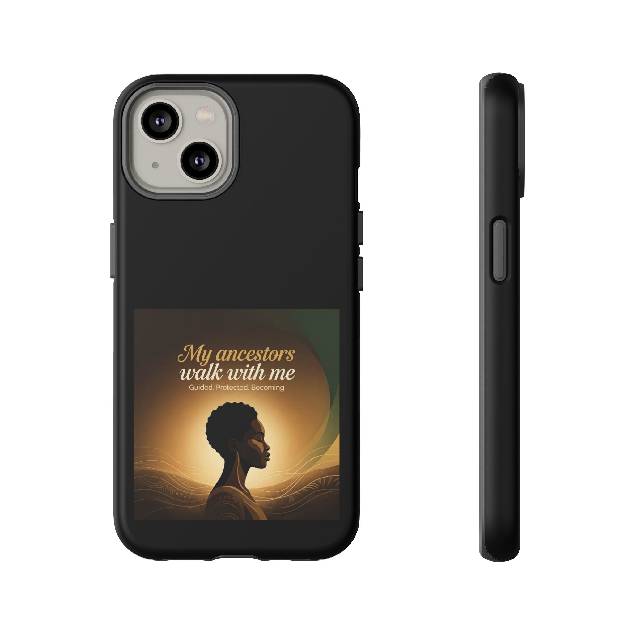 Black phone case with inspirational text and cultural design, protective cover featuring heritage imagery for smartphones.