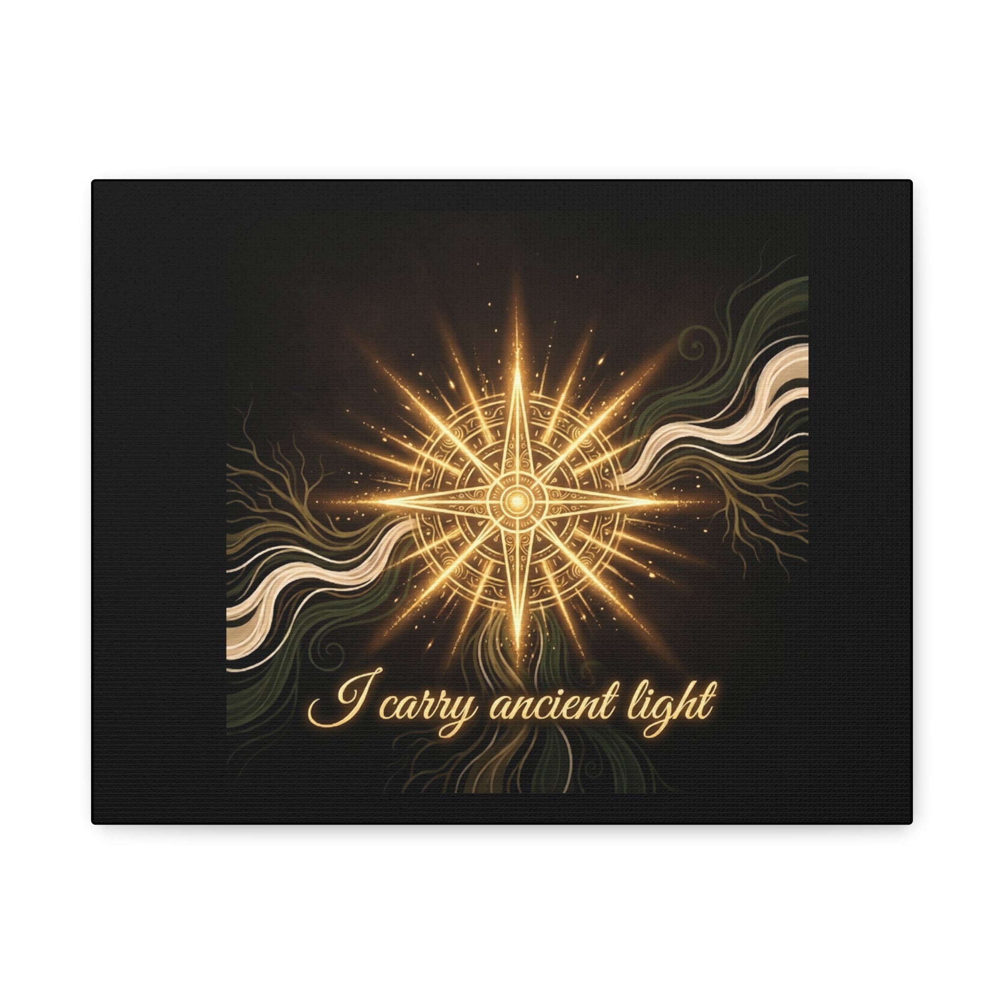Matte canvas wall art titled "I Carry Ancient Light" featuring a golden compass design, ideal for home or office decor.