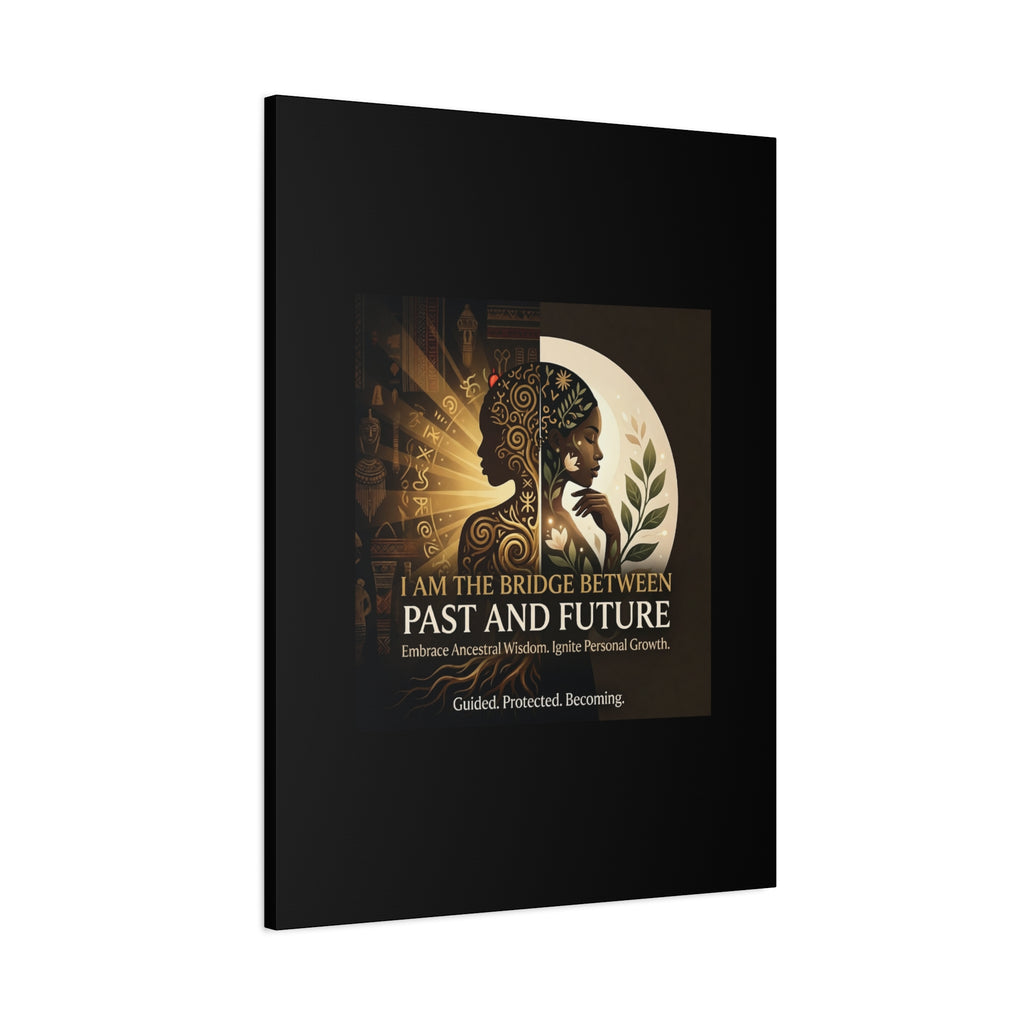 Canvas wall art titled "I Am the Bridge Between Past and Future" by Printify, featuring abstract imagery and vibrant colors.