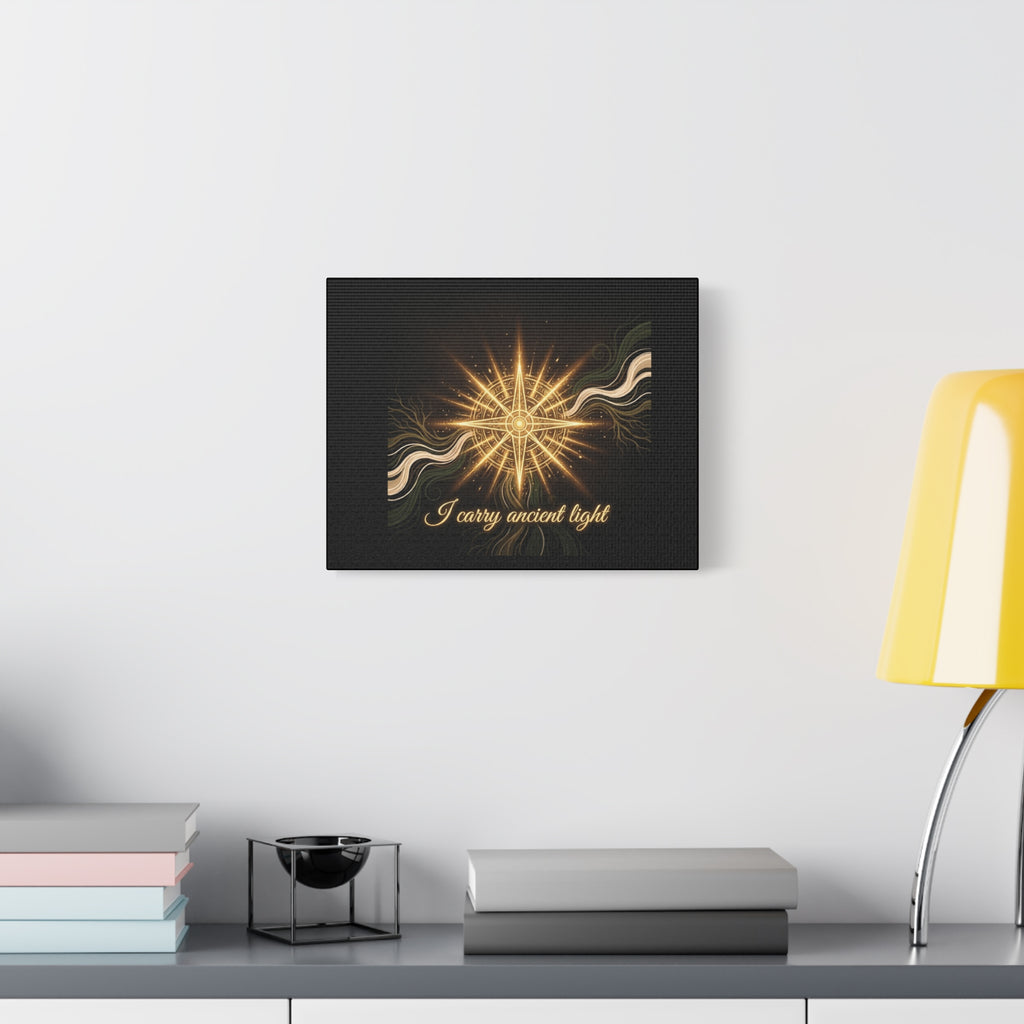 Matte canvas wall art titled "I Carry Ancient Light" featuring a golden compass design, by Printify.