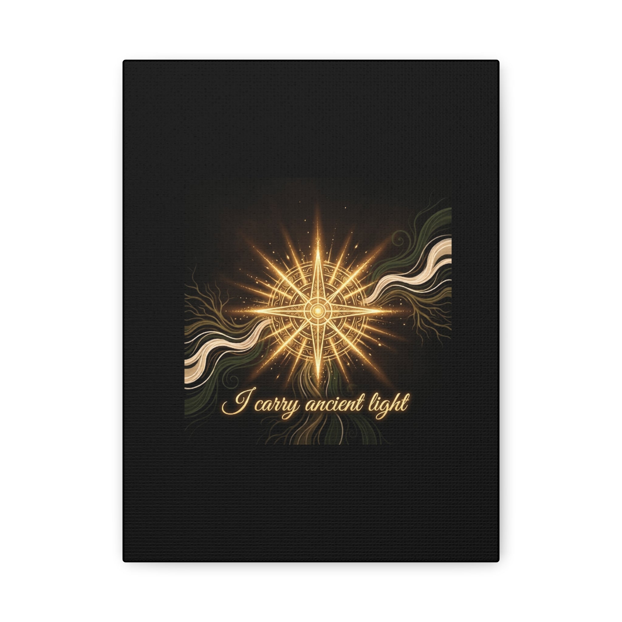 Matte canvas wall art titled "I Carry Ancient Light" featuring a golden compass design, perfect for artistic home decor.