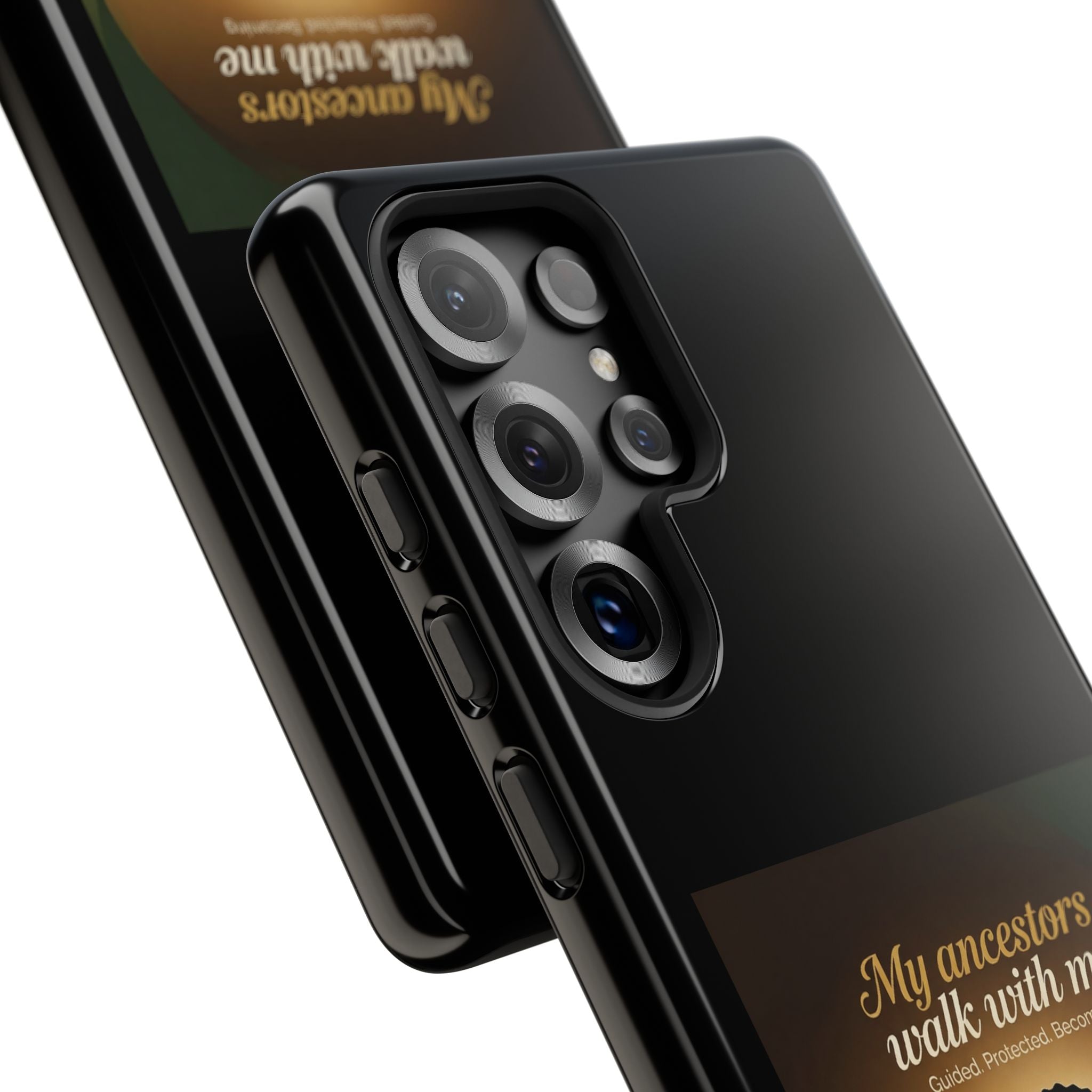 Black phone case with inspirational message and heritage design, protective cover for smartphones by Printify.