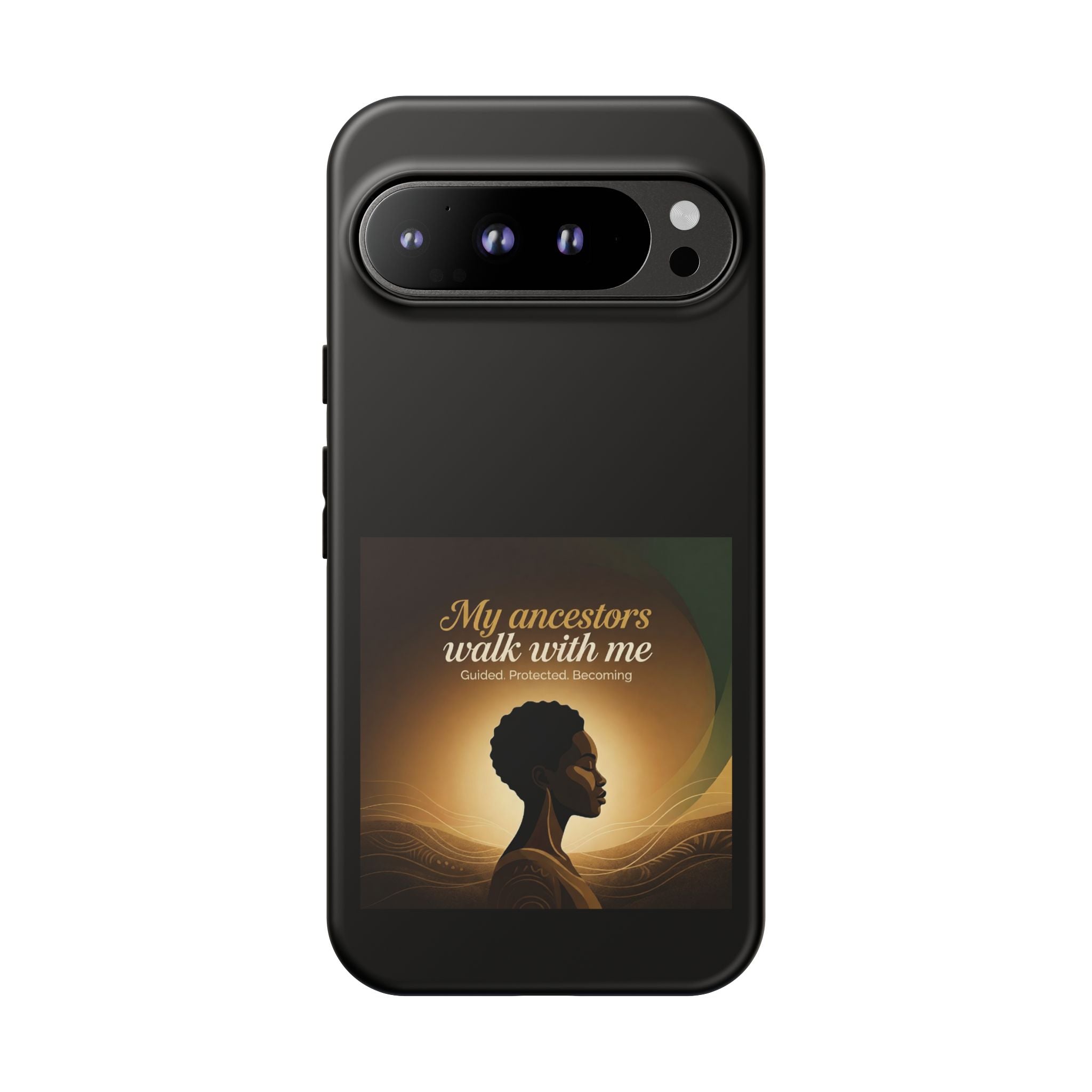 Black heritage phone case with inspirational design, protective cover for smartphone, featuring meaningful symbols and text.