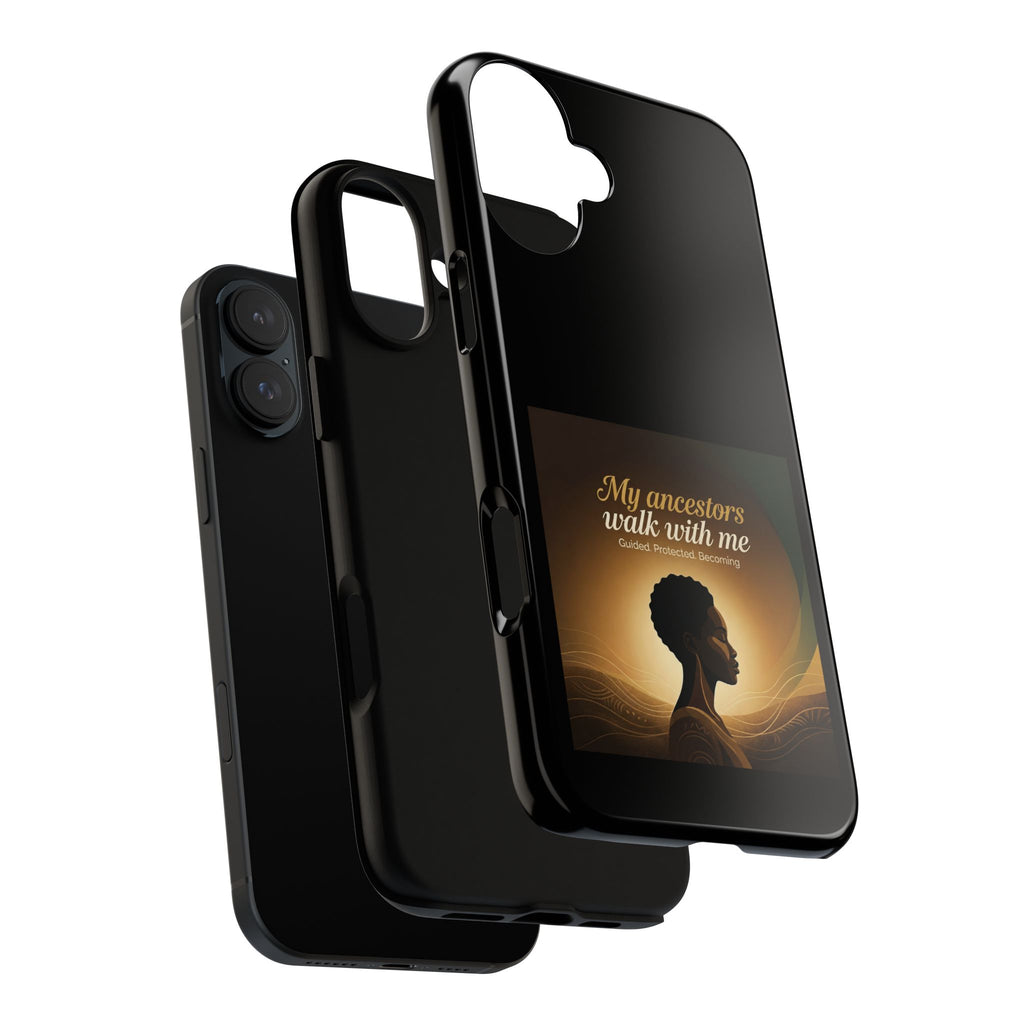 Black phone case with inspirational text and heritage design, protective cover for smartphones, by Printify.