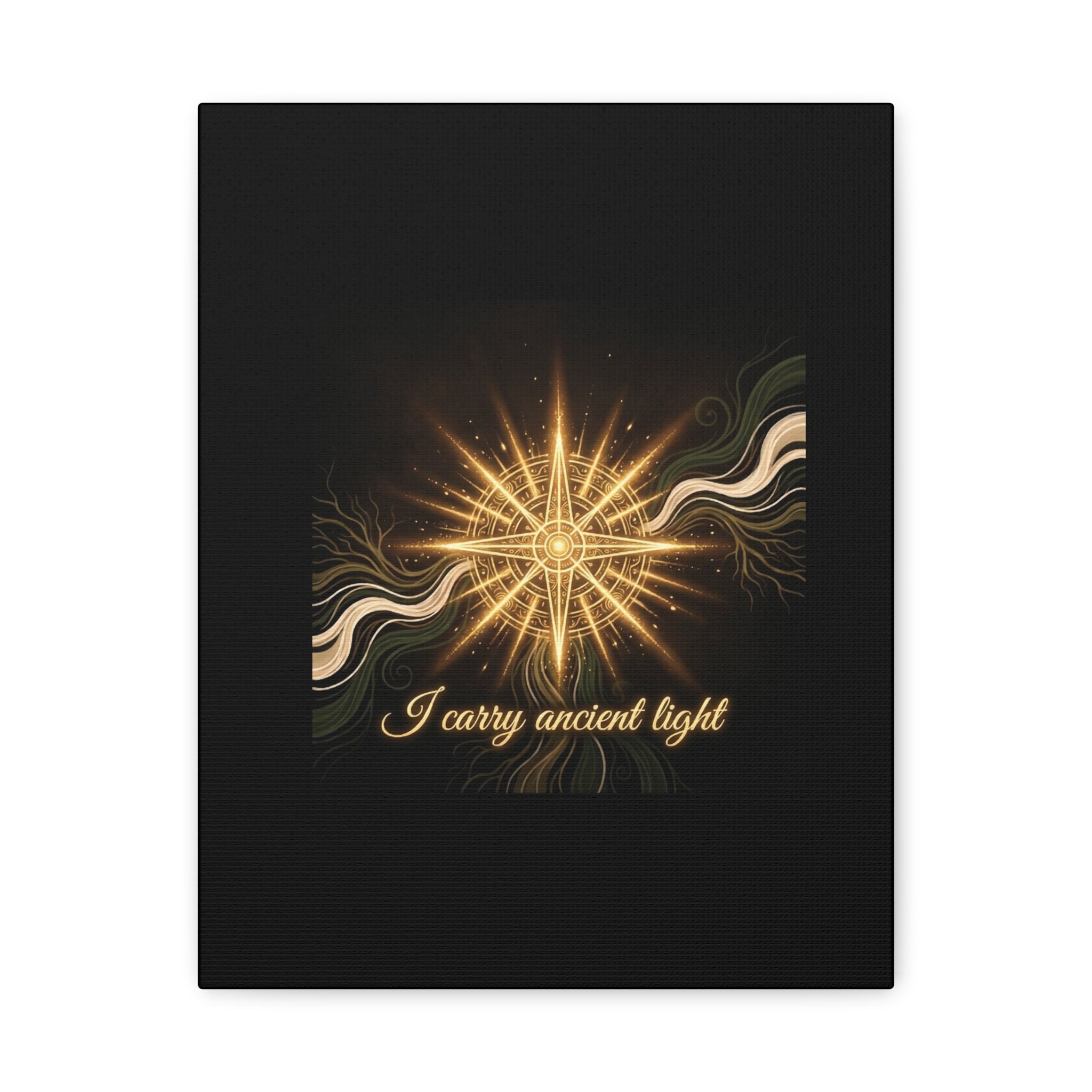 Matte canvas wall art featuring a golden compass and the phrase "I Carry Ancient Light" for inspiring home decor.