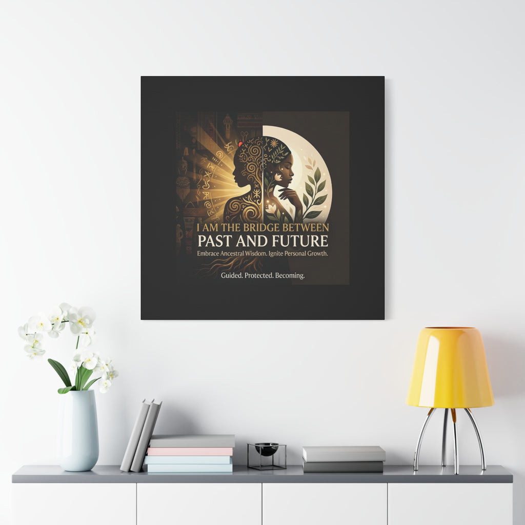 Canvas wall art titled "I Am the Bridge Between Past and Future" by Printify, featuring abstract design and vibrant colors.