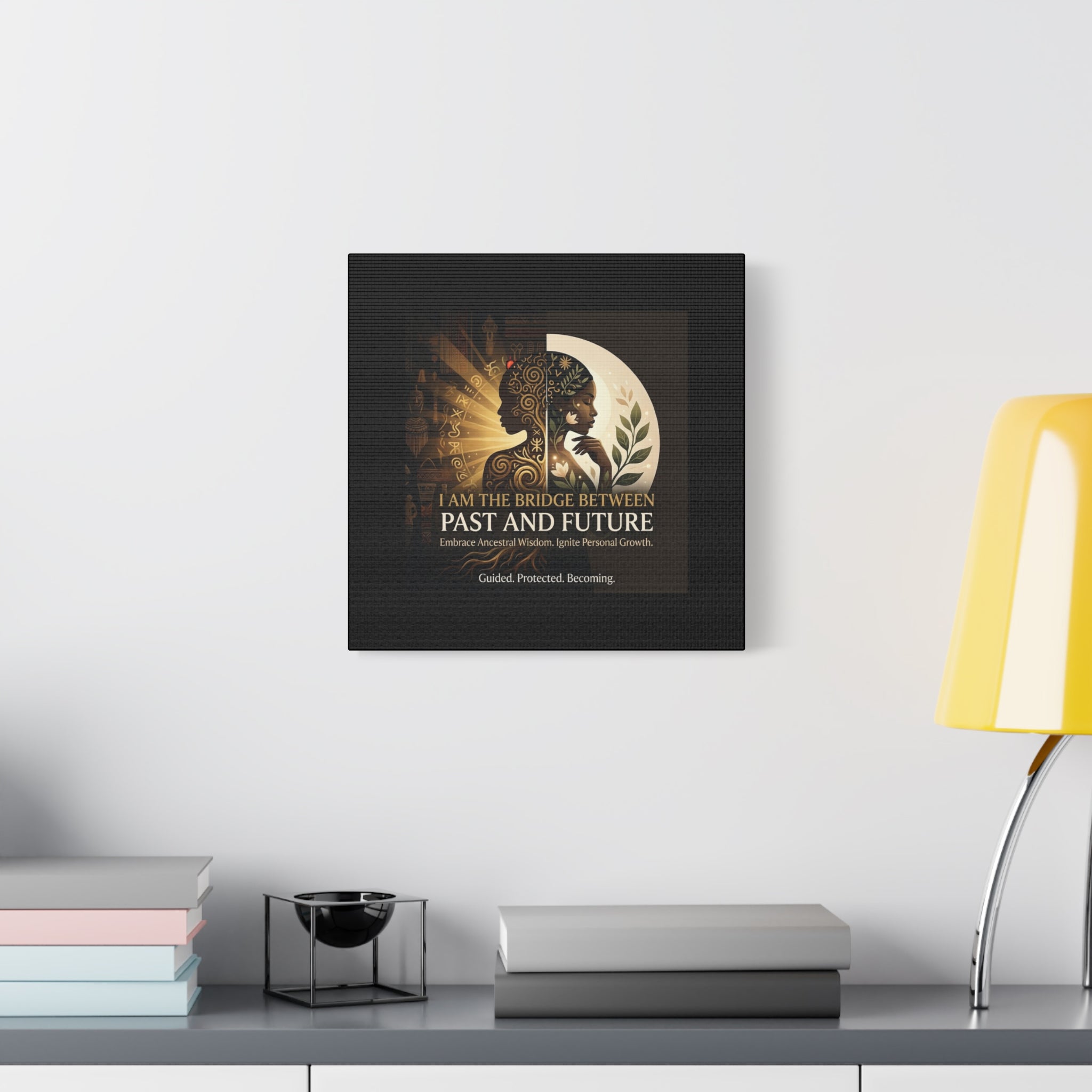 Canvas wall art titled "I Am the Bridge Between Past and Future" by Printify, featuring abstract imagery and vibrant colors.