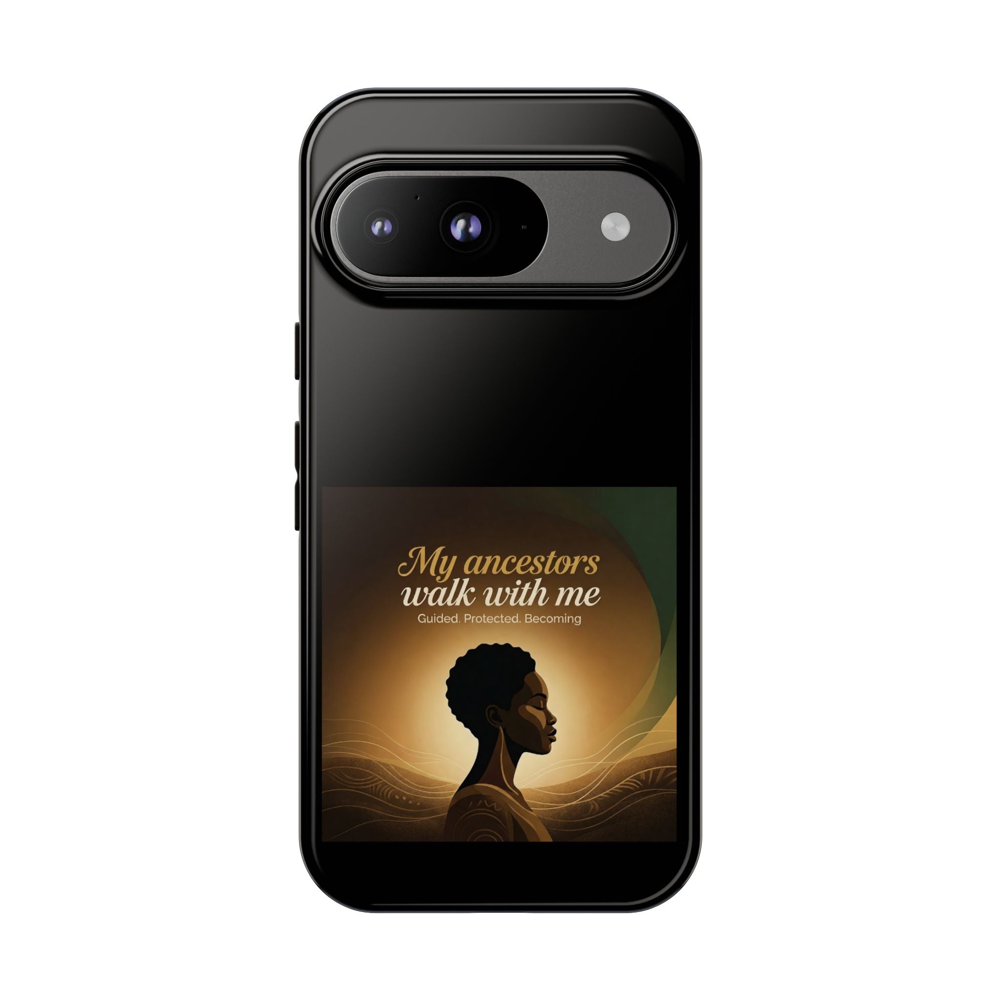 Black phone case with inspirational message honoring heritage, designed for iPhone, protective cover by Printify.