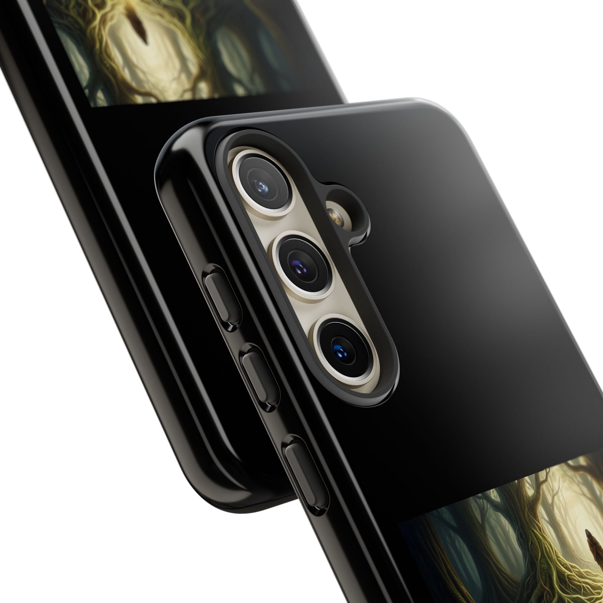 Printify phone case with forest trail design featuring the quote "I Honor the Footsteps I Follow" on a protective cover.