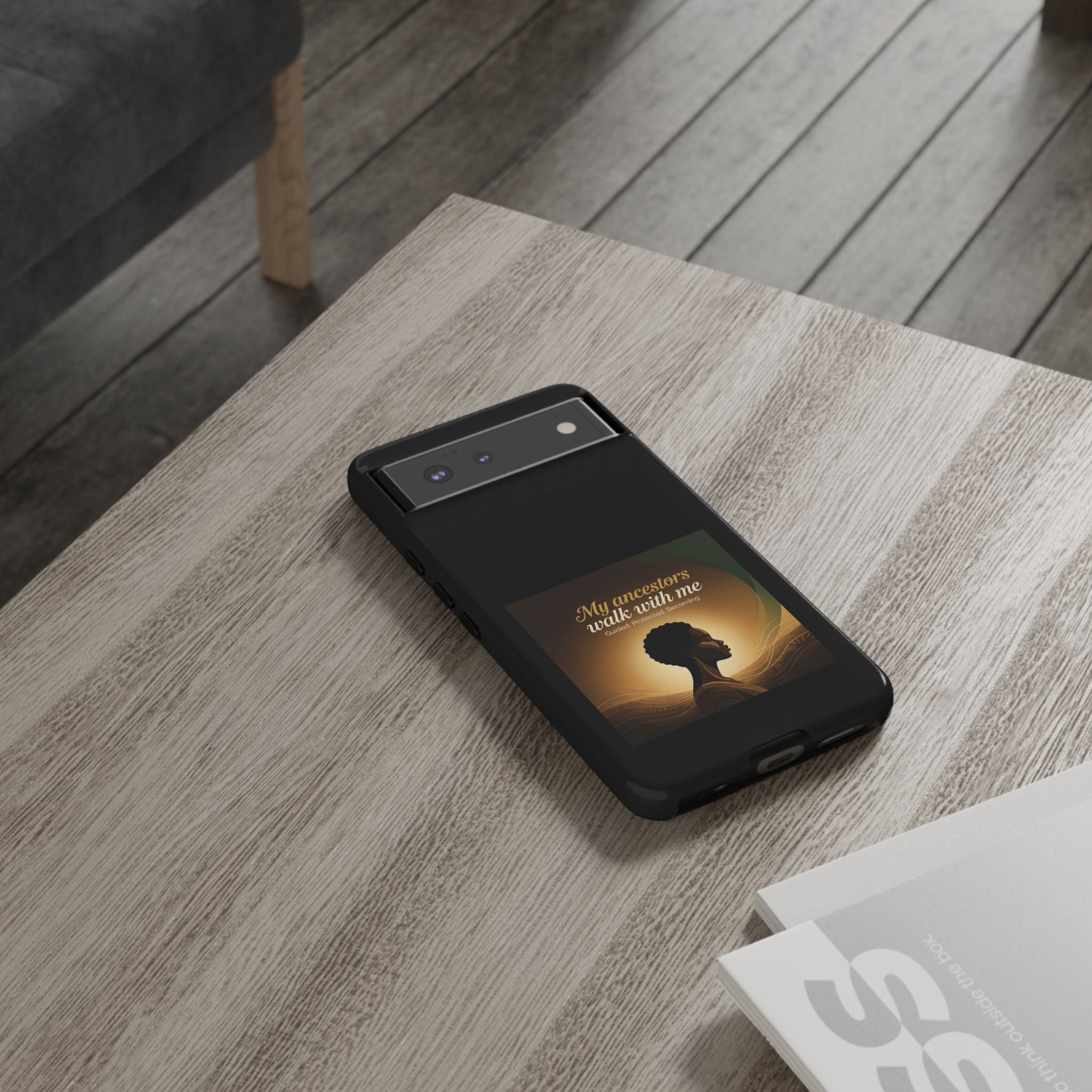 Black phone case with inspirational quote and heritage design, protective cover for smartphones by Printify.
