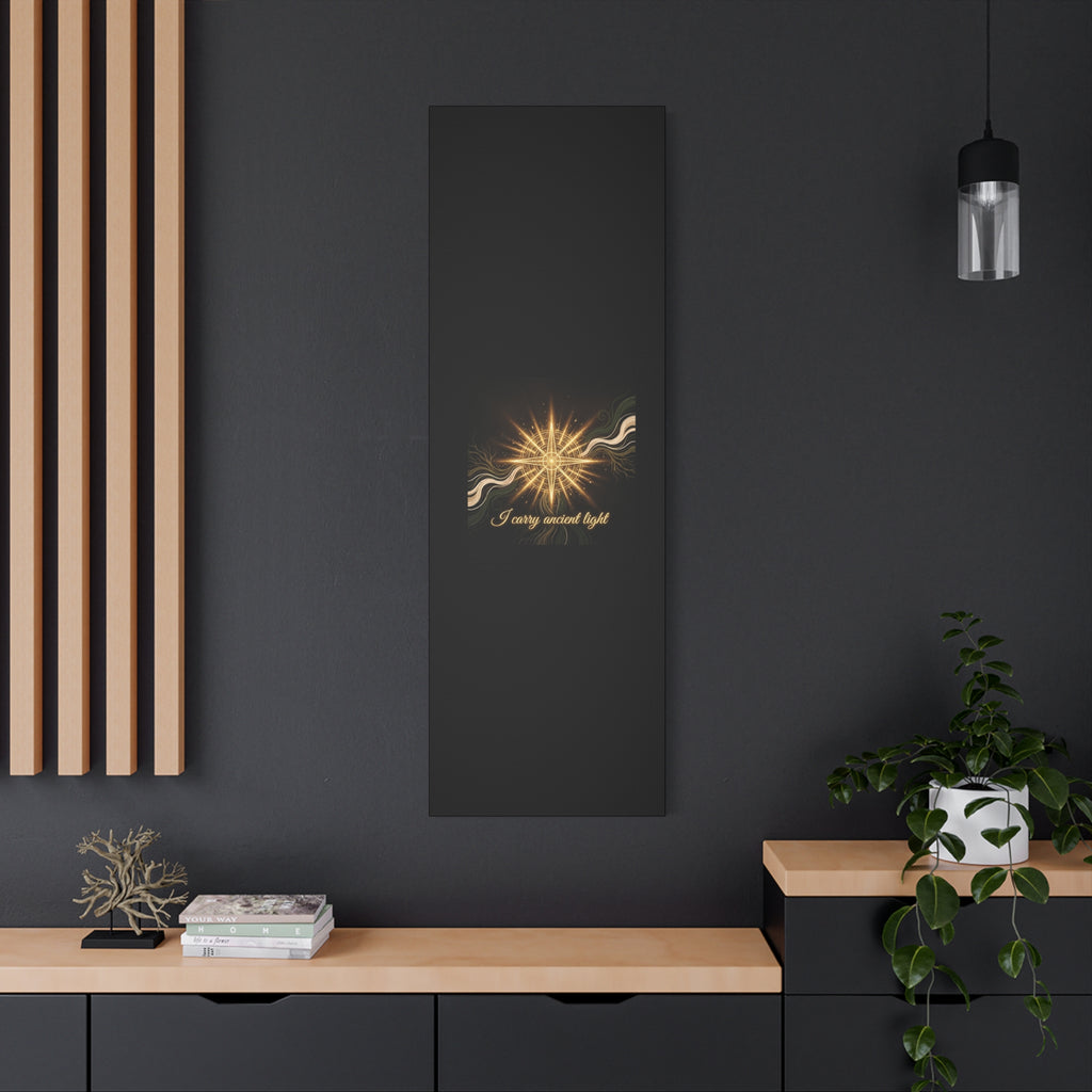 Matte canvas wall art featuring a golden compass and the phrase "I Carry Ancient Light," by Printify, suitable for home decor.