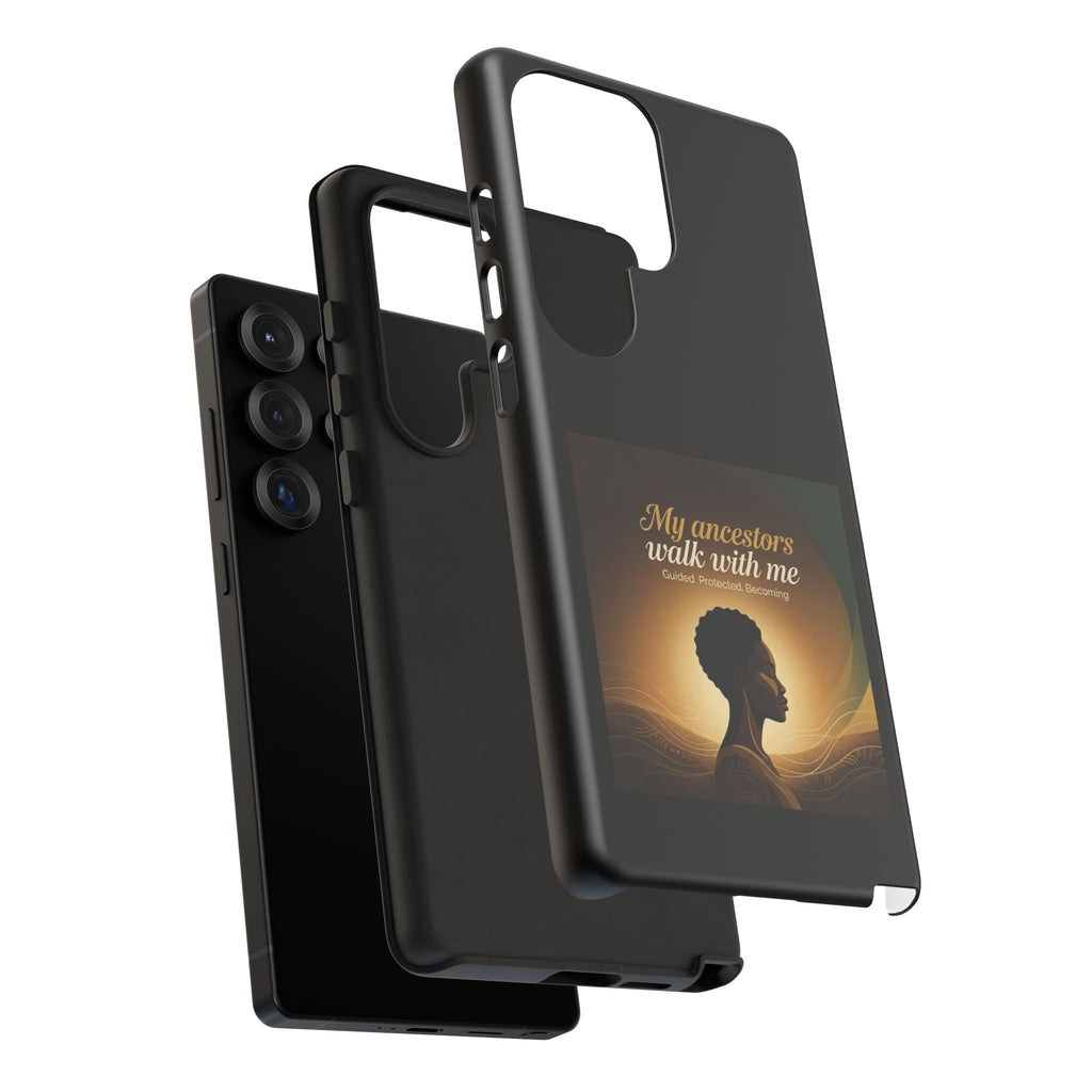 Black heritage phone case with inspirational design, protective cover for smartphones featuring "My Ancestors Walk With Me" text.