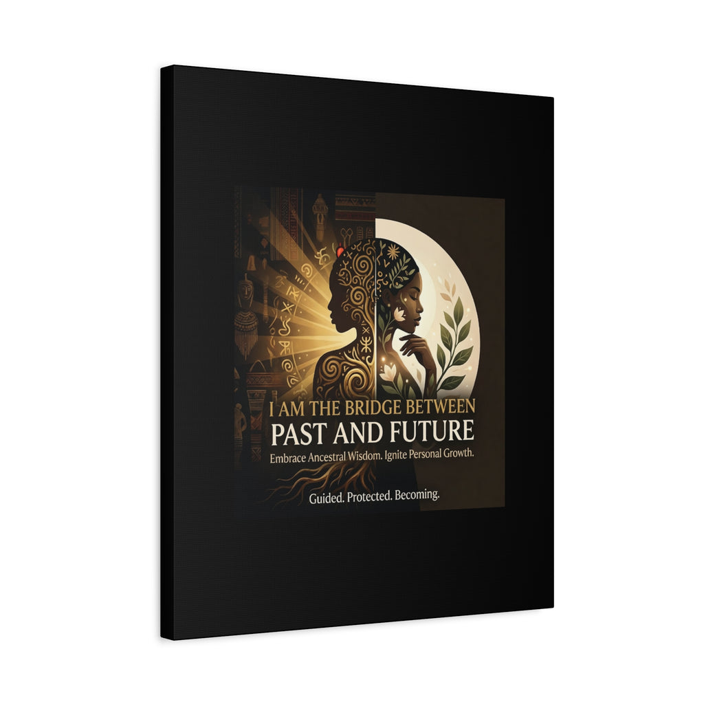 Canvas wall art titled "I Am the Bridge Between Past and Future" by Printify, featuring vibrant colors and abstract design.