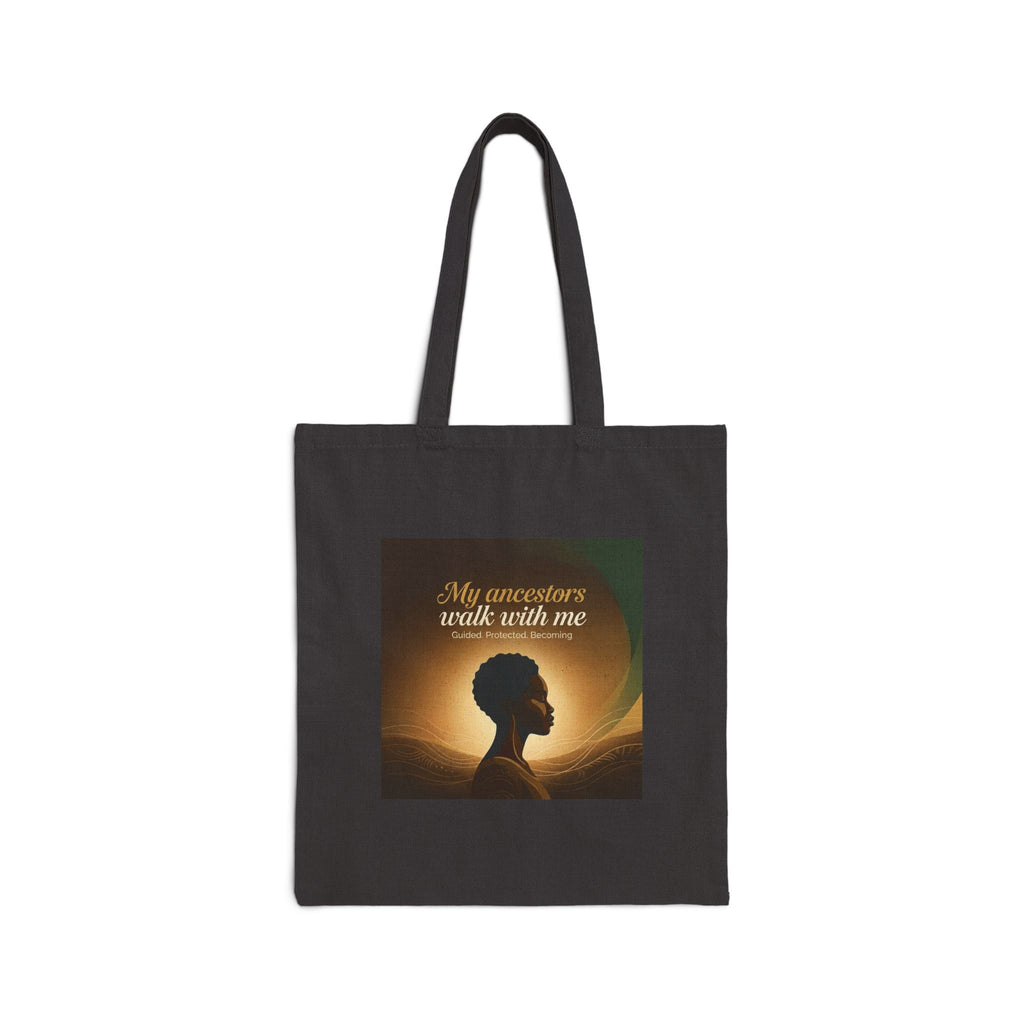 Canvas tote bag with "My Ancestors Walk With Me" silhouette design, featuring inspirational text and a natural beige color.