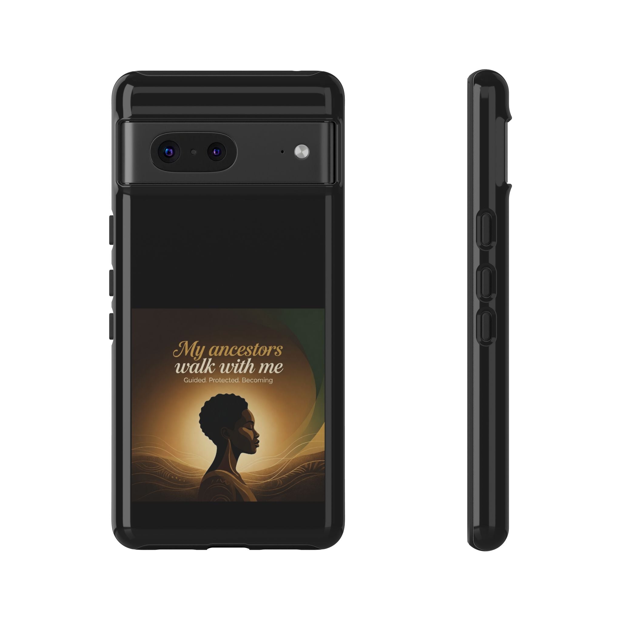 Black heritage phone case with inspirational design, protective cover for smartphone, featuring artwork honoring ancestors.