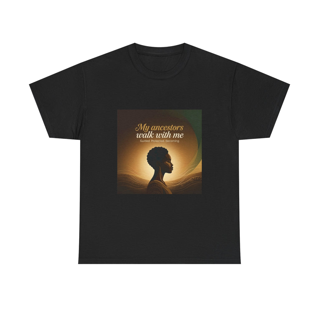 Black T-shirt featuring an African ancestral silhouette design, representing heritage and spiritual connection, by Printify.