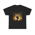 Black T-shirt featuring an African ancestral silhouette design, representing heritage and spiritual connection, by Printify.