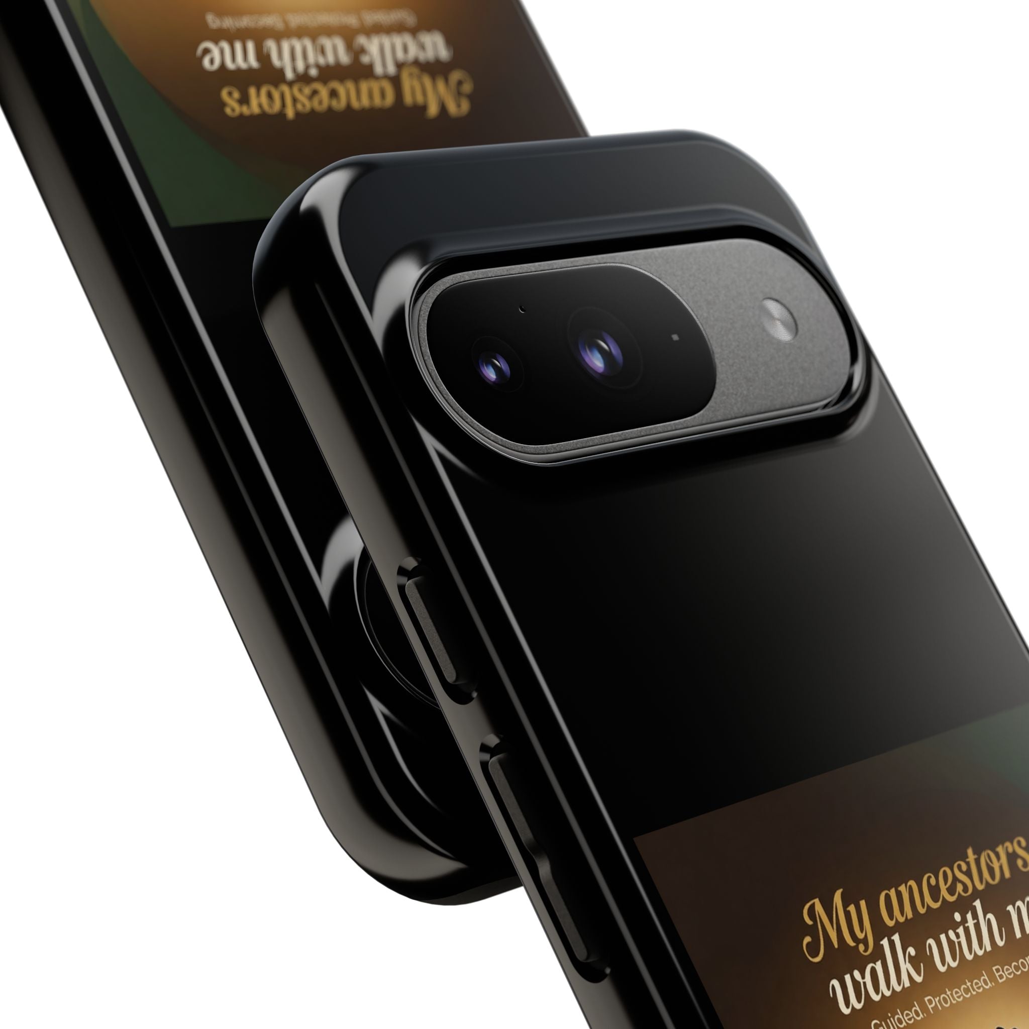 Black phone case with inspirational message and heritage design, protective cover for smartphones by Printify.