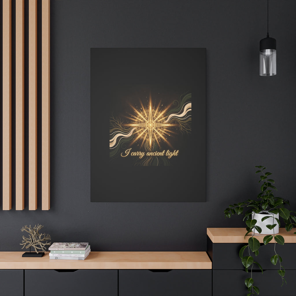 Matte canvas wall art titled "I Carry Ancient Light" featuring a golden compass design on a decorative canvas by Printify.