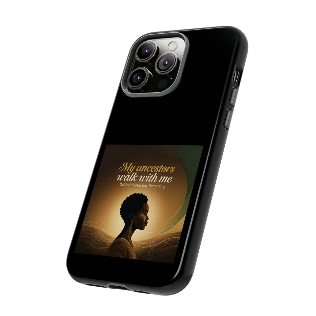 Black heritage-themed phone case with inspirational quote, protective cover design for smartphones by Printify.