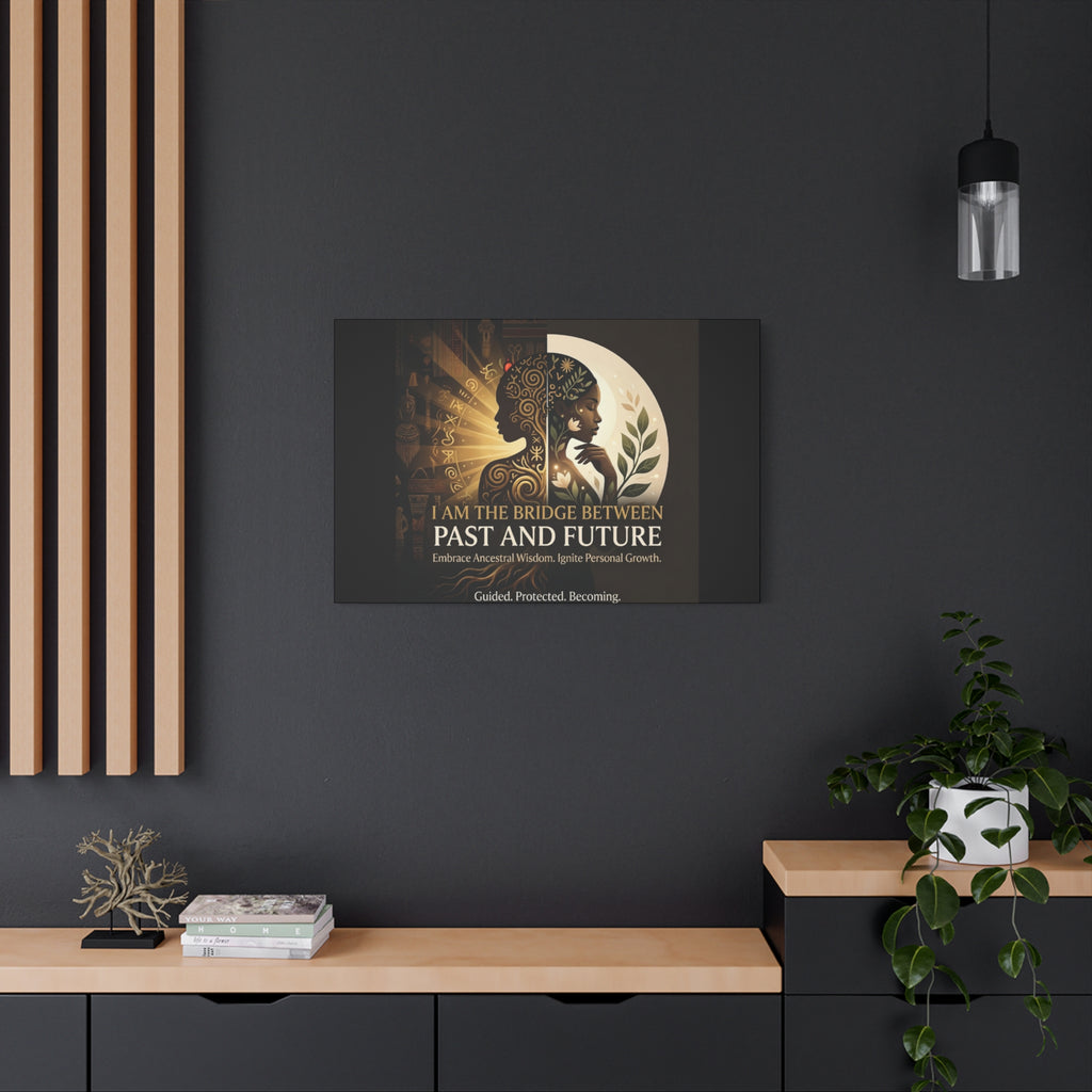 Canvas wall art titled "I Am the Bridge Between Past and Future" by Printify, featuring abstract imagery and vibrant colors.