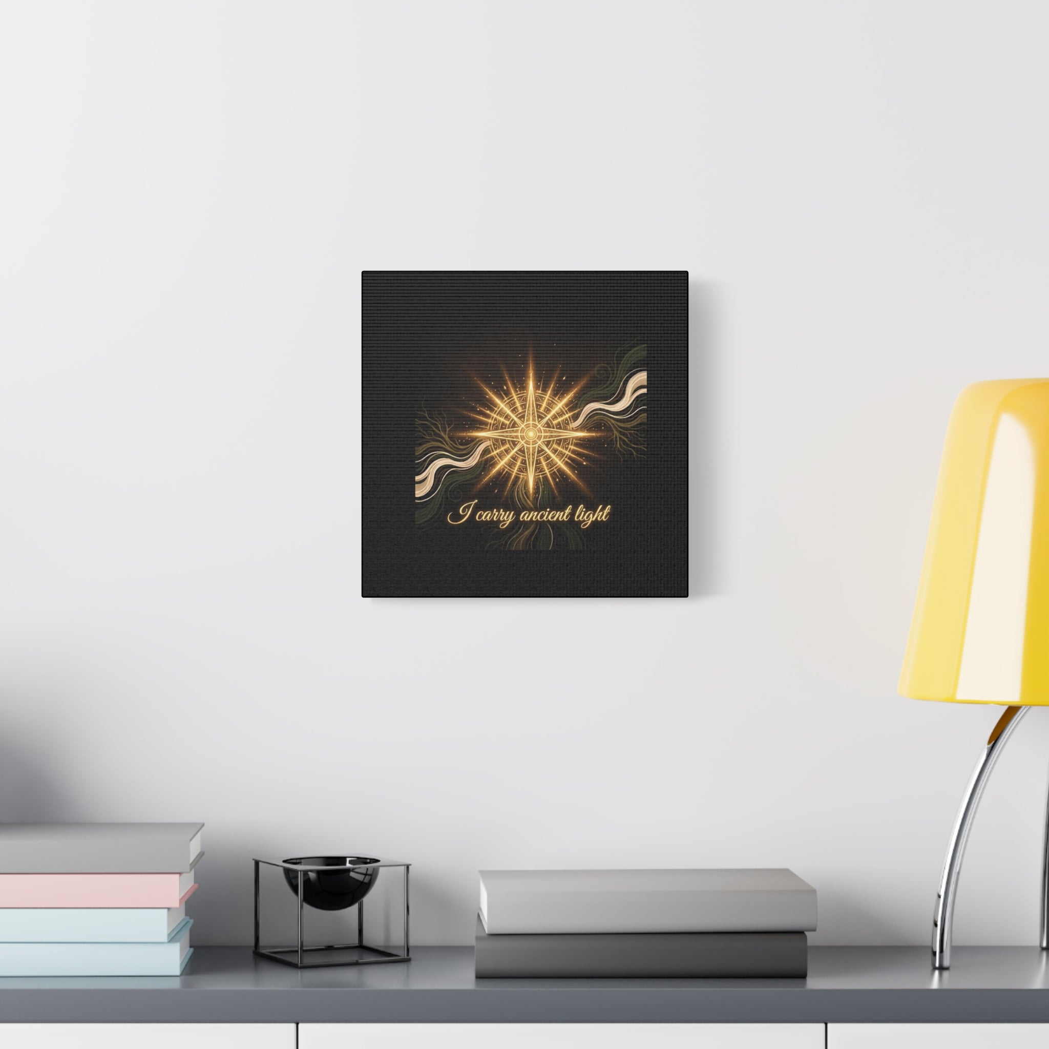 Matte canvas wall art featuring a golden compass design titled "I Carry Ancient Light" by Printify, suitable for home decor.