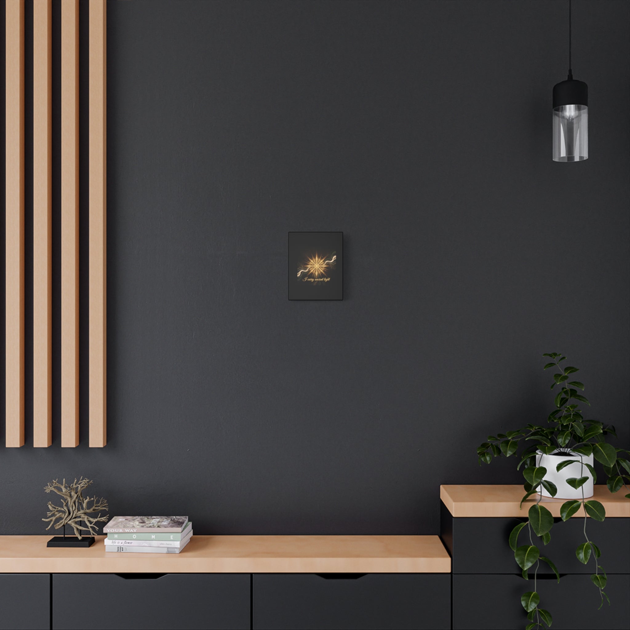 Matte canvas wall art titled "I Carry Ancient Light" featuring a golden compass design, ideal for travel or navigation decor.