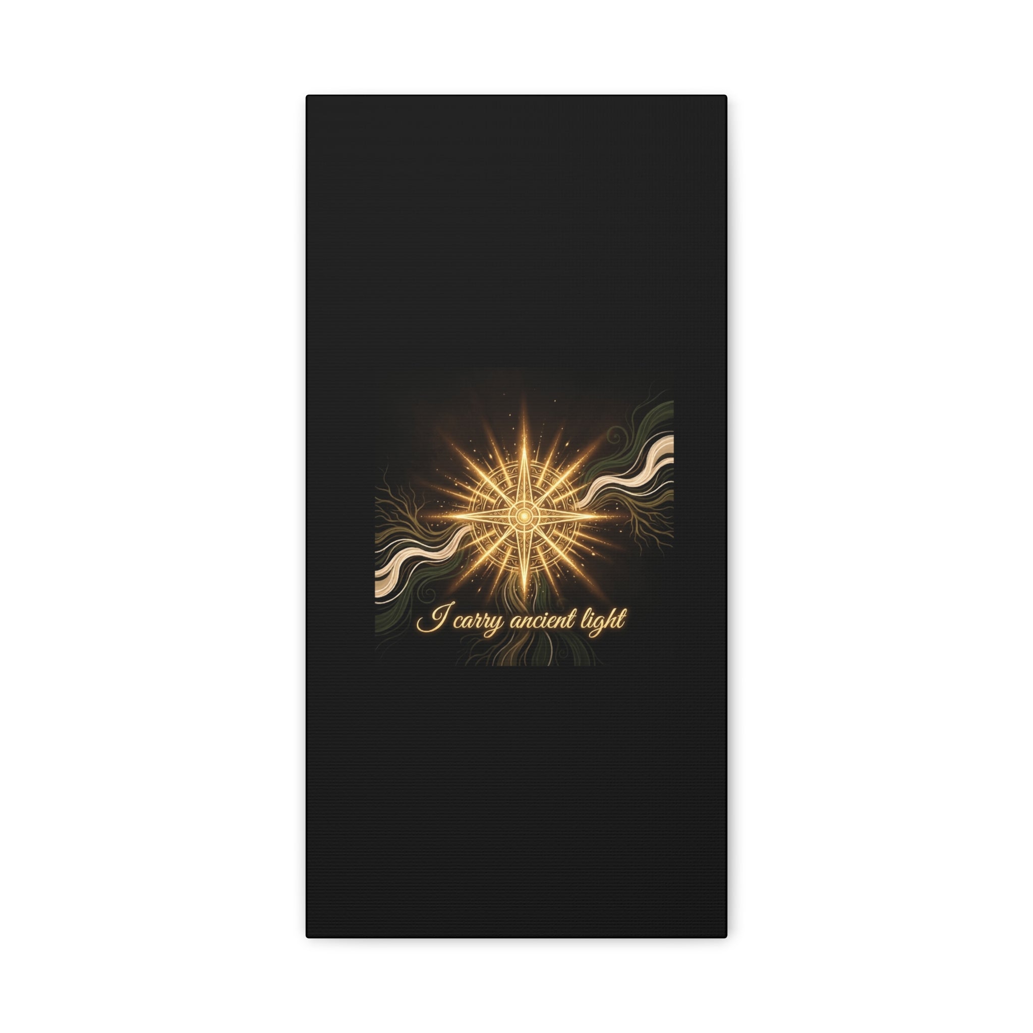 Matte canvas wall art titled "I Carry Ancient Light" featuring a golden compass design, ideal for home or office decor.