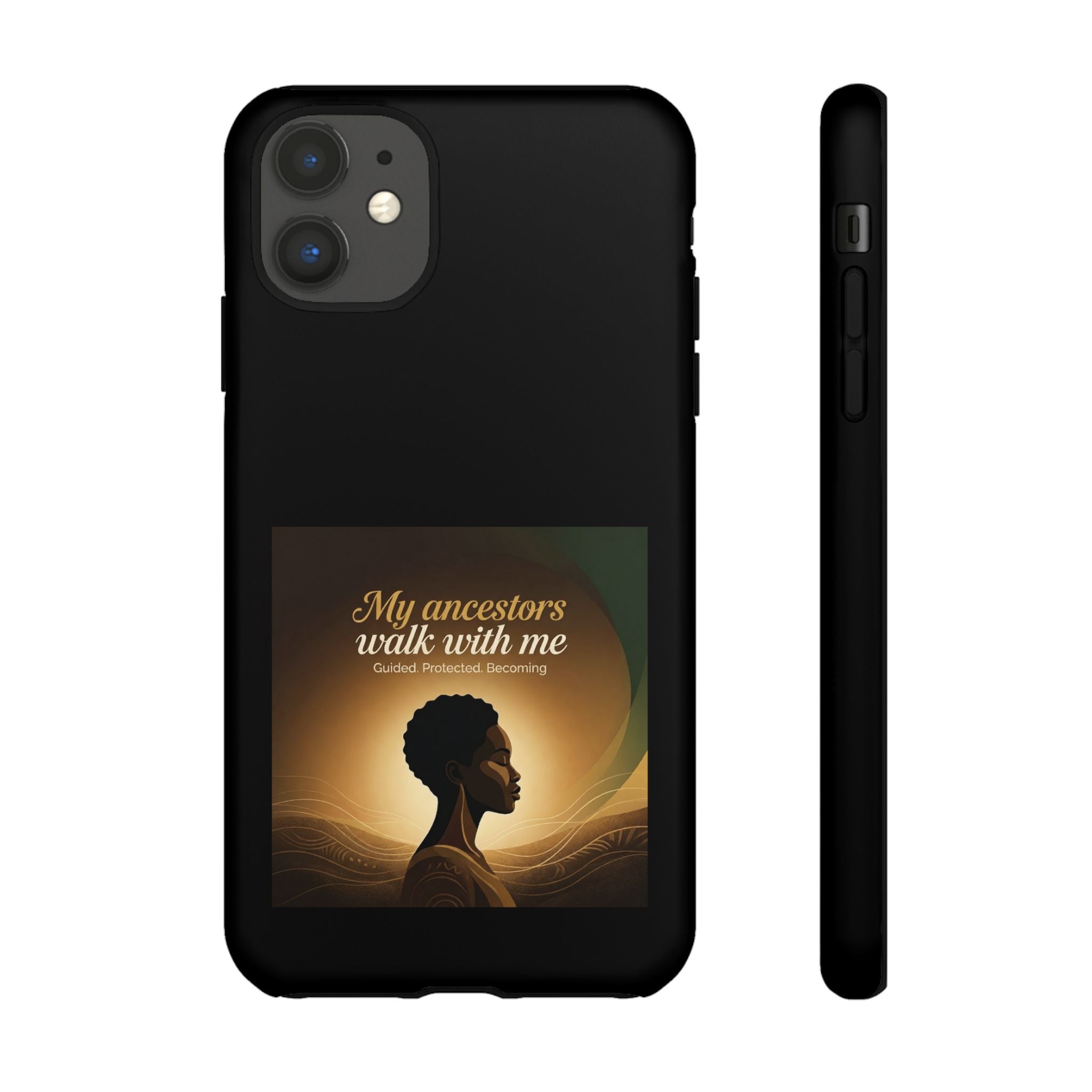 Black phone case with inspirational text and heritage design, protective cover for smartphones by Printify.
