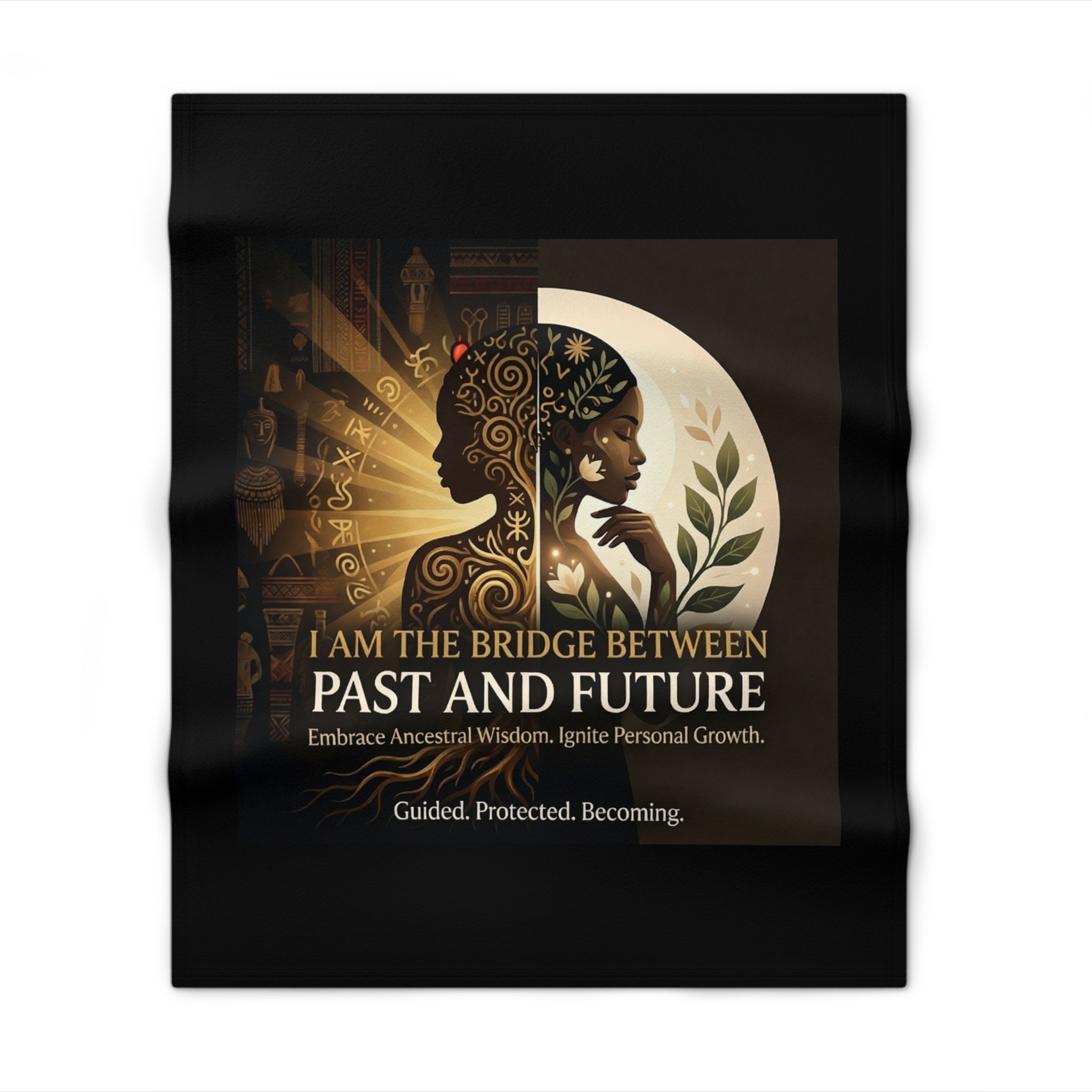 Inspirational throw blanket featuring "I Am the Bridge Between Past and Future" design by Printify, showcasing ancestral wisdom.