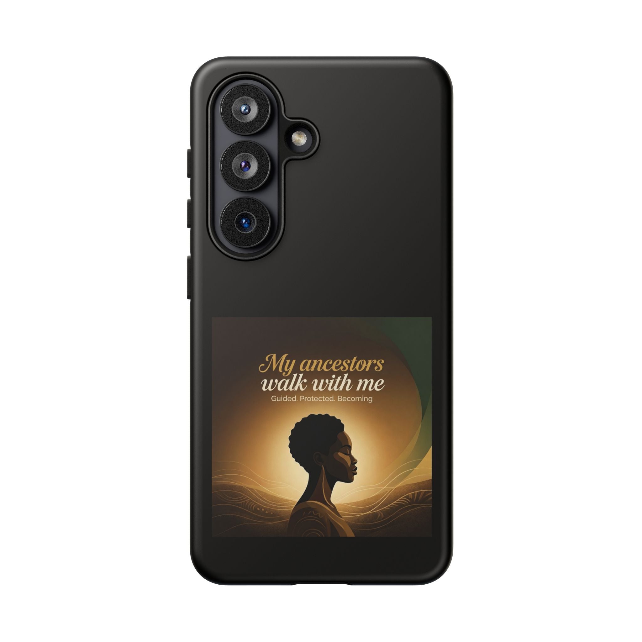 Black phone case with inspirational message honoring heritage, designed for iPhone, featuring a protective, stylish Printify cover.