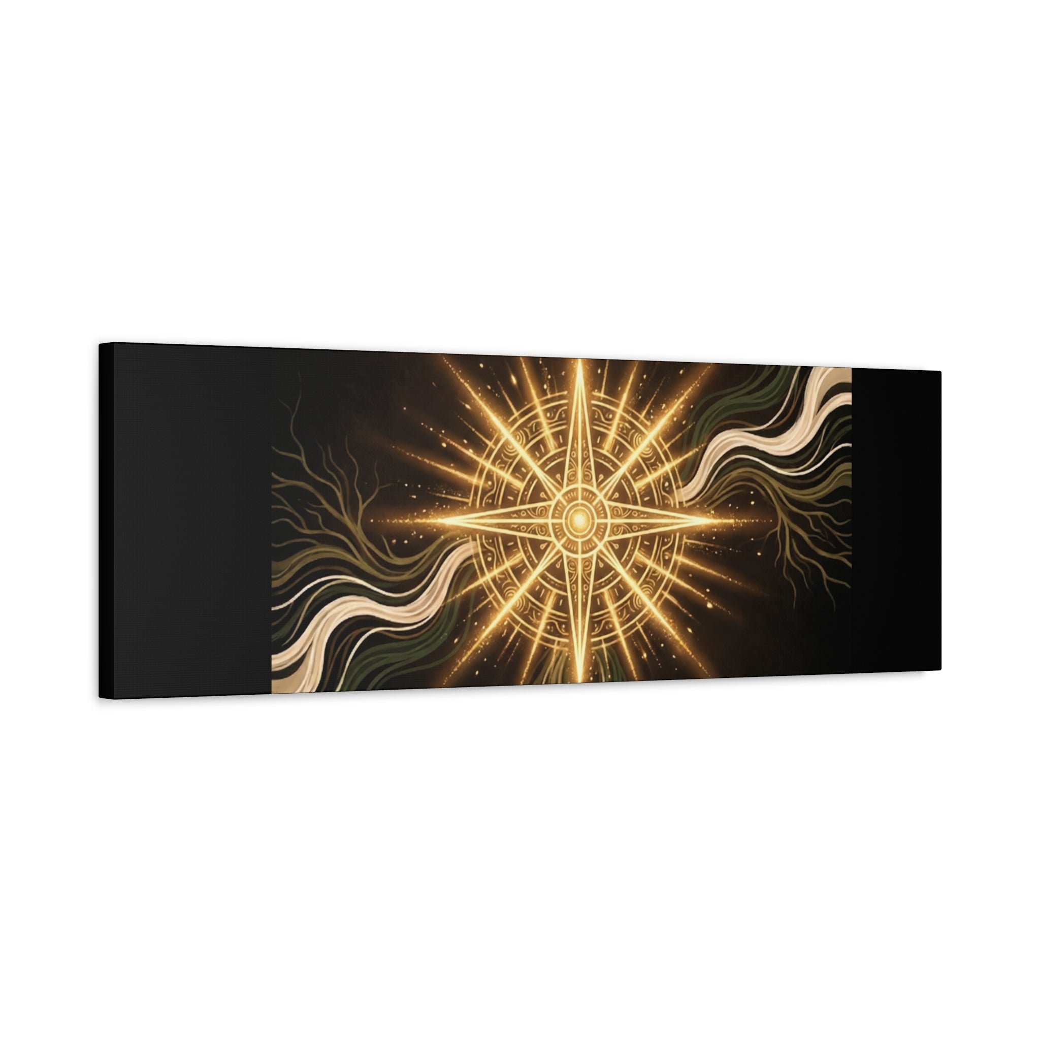Matte canvas art of a golden compass titled "I Carry Ancient Light" wall decor by Printify, featuring detailed compass design.