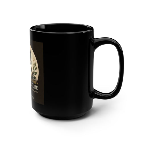 Black ceramic affirmation mug featuring the quote "I Am the Bridge Between Past and Future" by Printify.