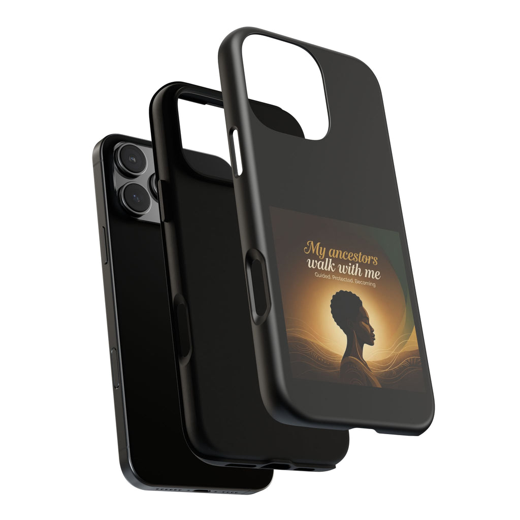 Black heritage phone case with inspirational message, protective cover featuring cultural design for smartphones.