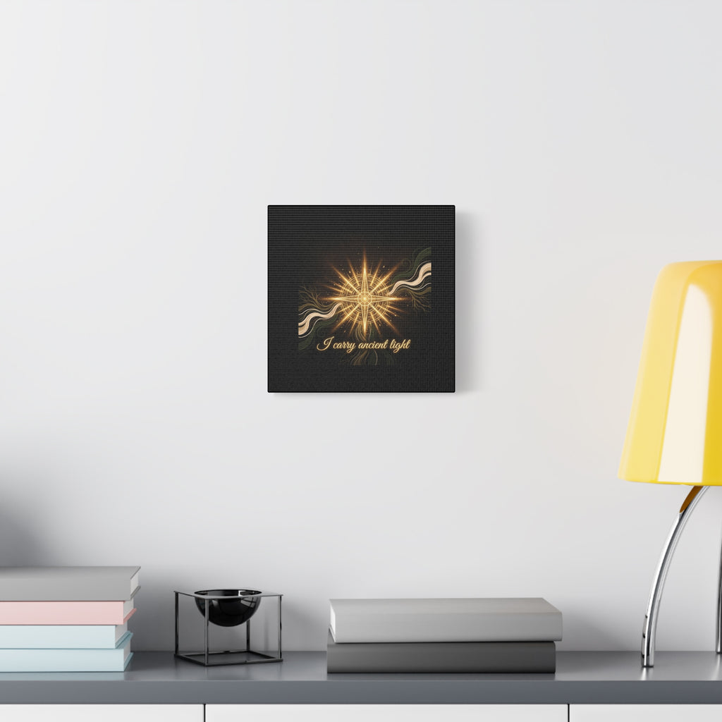 Matte canvas art titled "I Carry Ancient Light" featuring a golden compass wall decor by Printify, displayed on a wall.