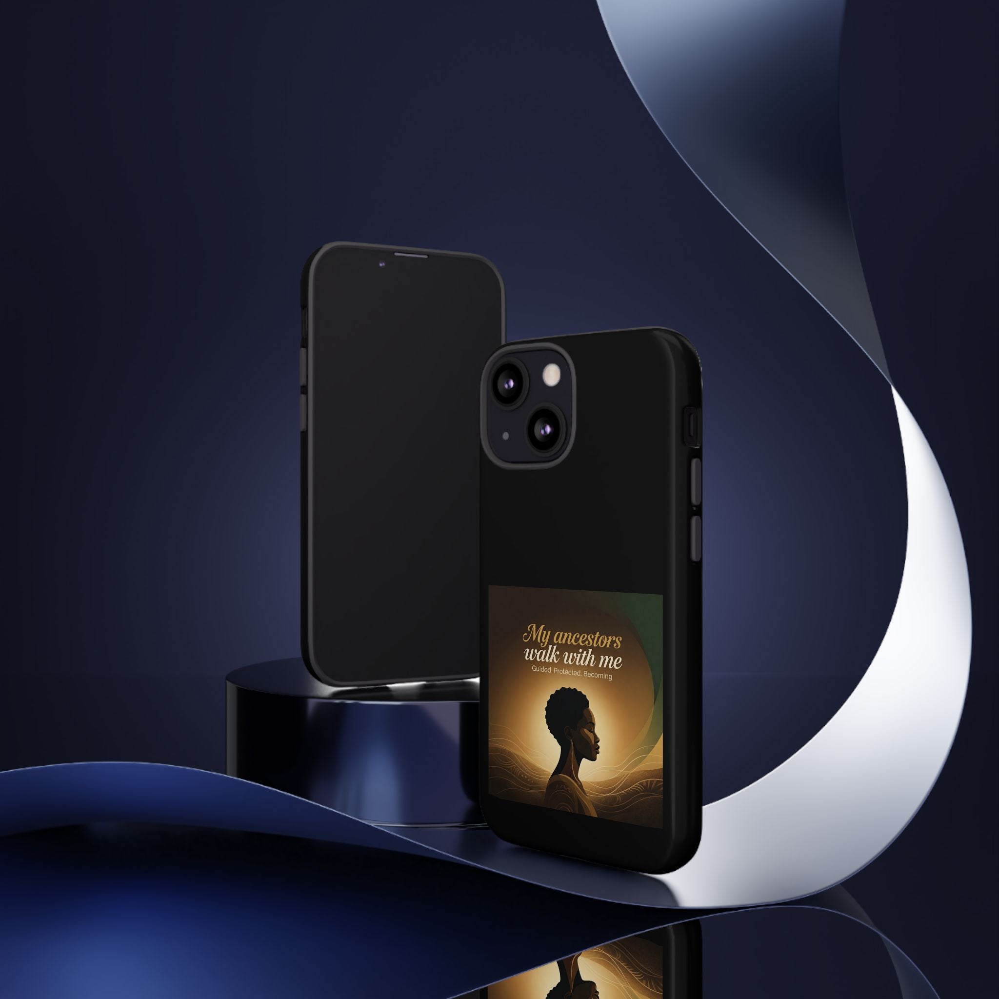Black phone case with inspirational message honoring heritage, designed for protection and style, by Printify.
