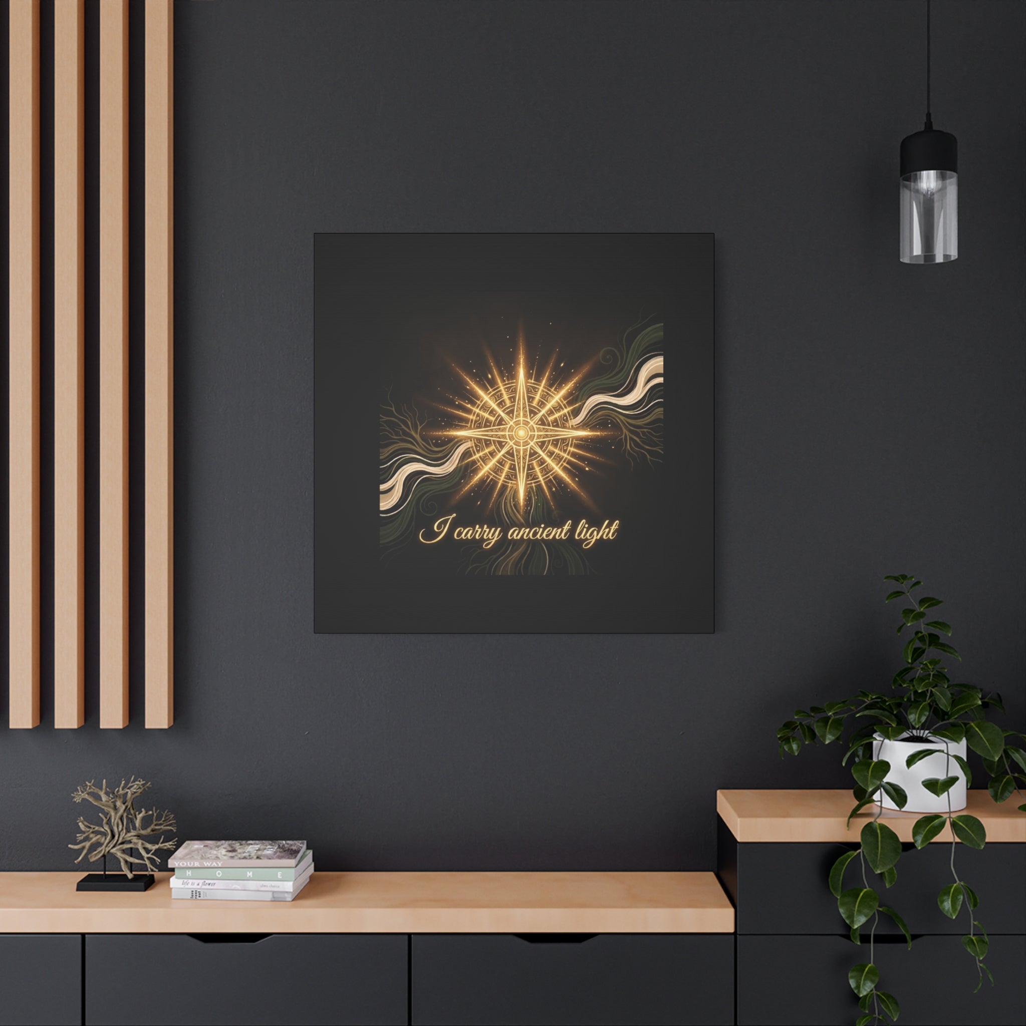 Matte canvas wall art titled "I Carry Ancient Light" featuring a golden compass design by Printify.
