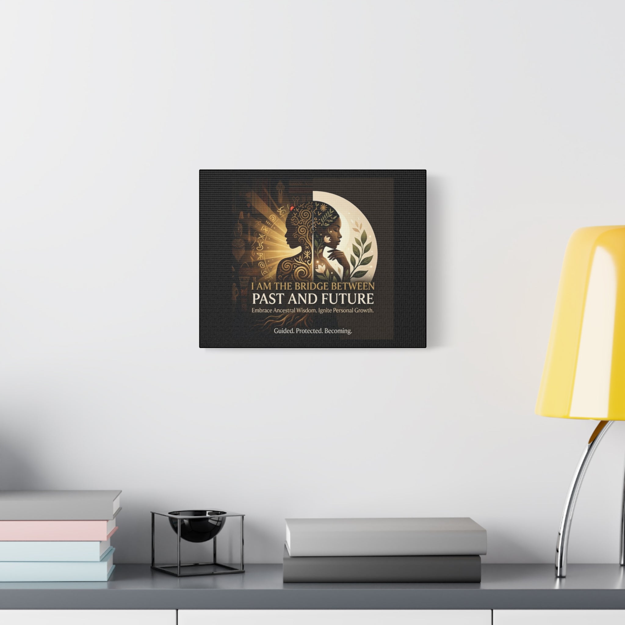 Canvas wall art titled "I Am the Bridge Between Past and Future" by Printify, featuring abstract design and vibrant colors.