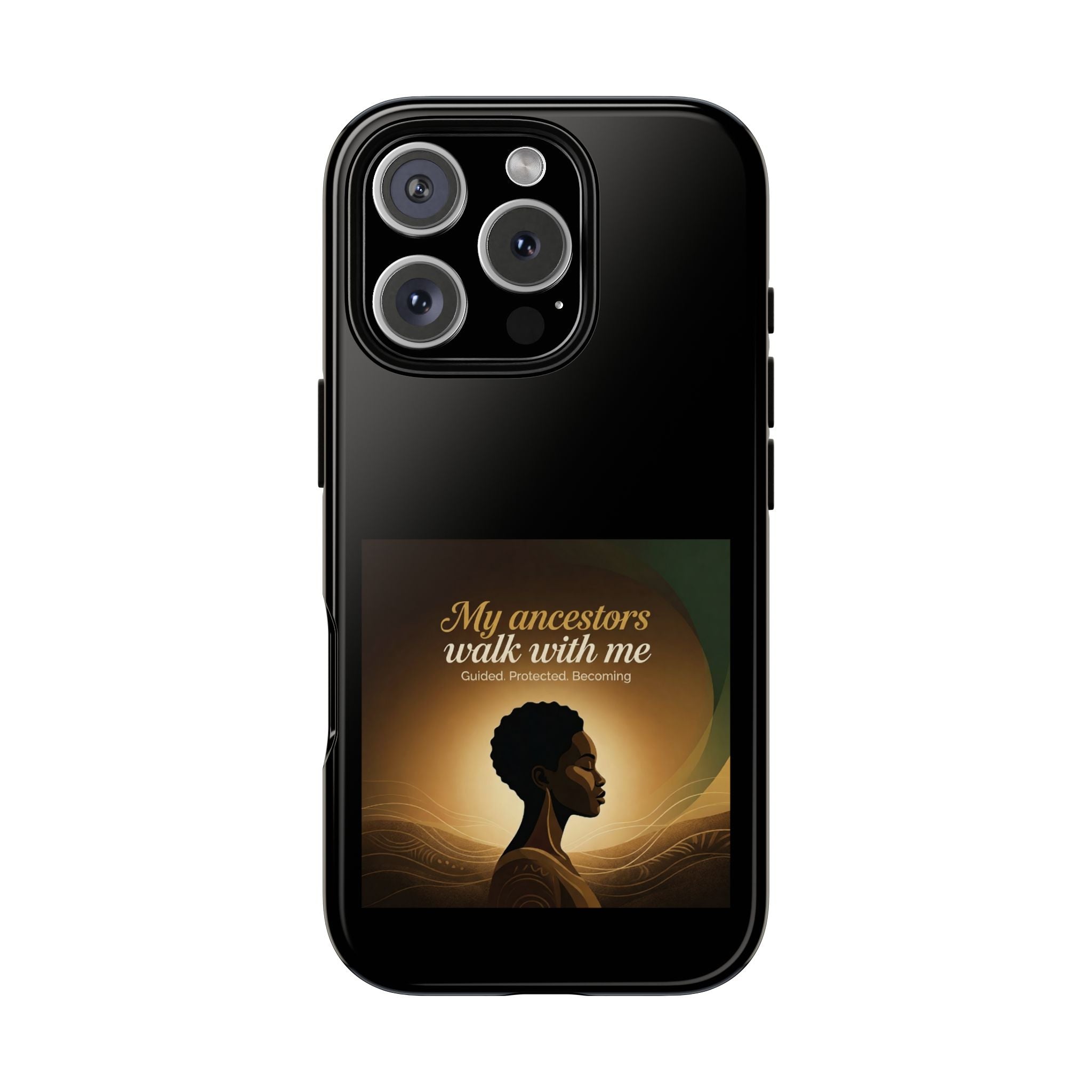 Black heritage phone case with inspirational message, designed by Printify, featuring a protective cover for smartphones.
