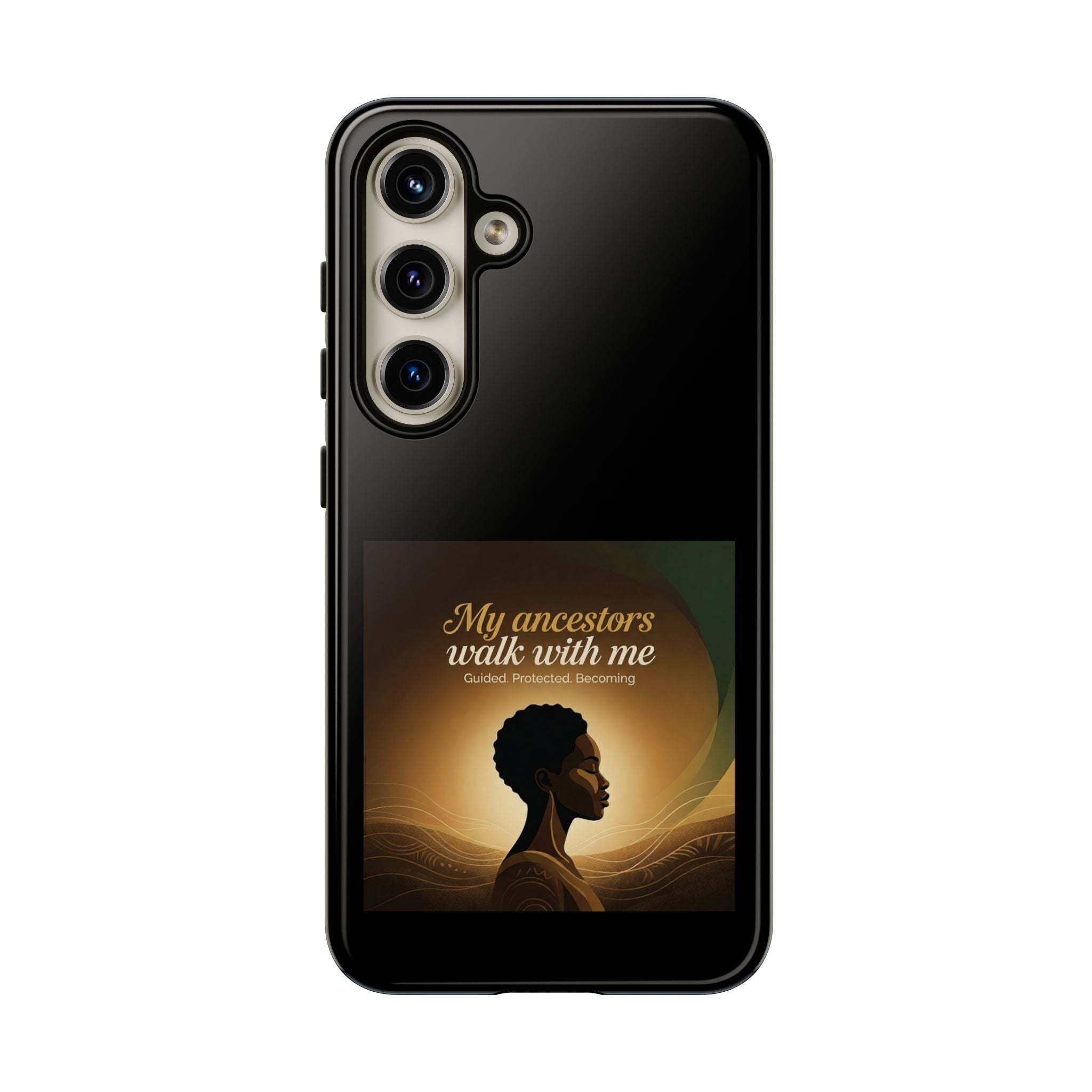 Black heritage phone case with inspirational quote design, protective cover for smartphones, by Printify.