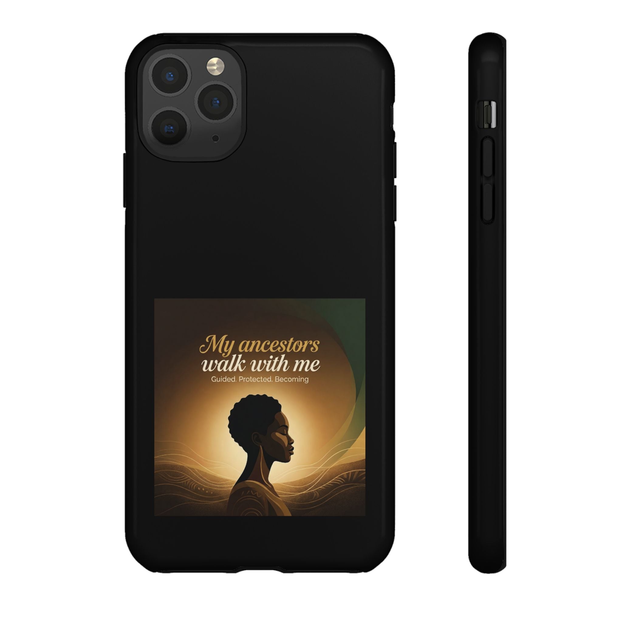 Black phone case with inspirational quote and heritage design, protective cover for smartphones by Printify.